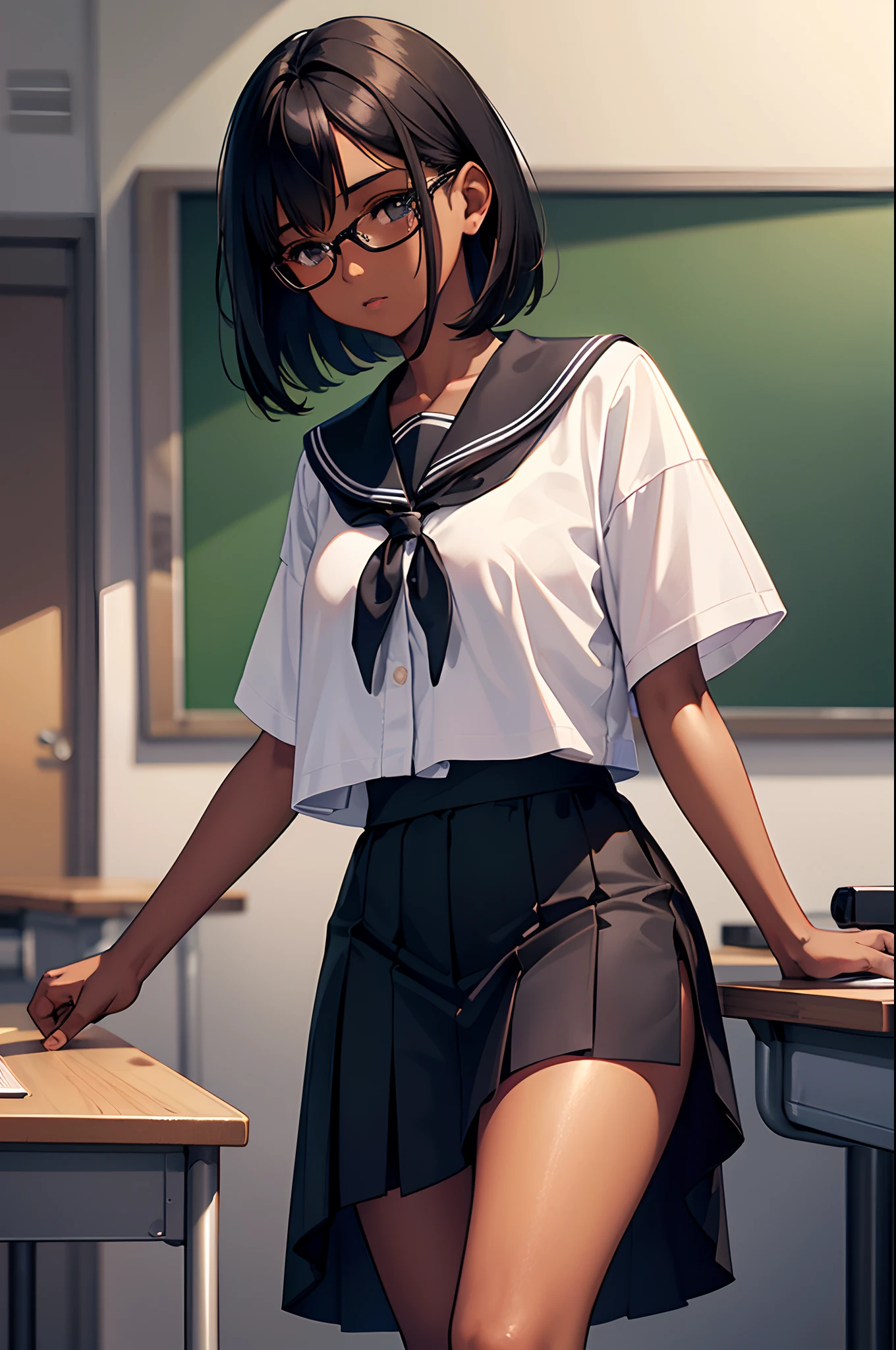 (Amandla Stenberg), young girl face, beautiful school girl, 1girl, dark brown skin, light brown afro hair, blushing, raising her skirt, cute white panty visible, buttocks, cute bum, cute butt,detailed face, big detailed eyes, detailed eyes, detailed lips, pink lipgloss, long eyelashes, intricate uniform, white shirt, open collar, firm chest, a cup tits, flat chested, slim athletic body, black pleated skirt, slender thighs, (best quality,4k,8k,highres,masterpiece:1.2),ultra-detailed,(realistic,photorealistic,photo-realistic:1.37),HDR,UHD,studio lighting,ultra-fine painting,sharp focus,physically-based rendering,extreme detail description,professional,vivid colors,bokeh,photorealistic,elegant,cute,charming; classroom, benches, chalkboard writing, realistic detailed hands,