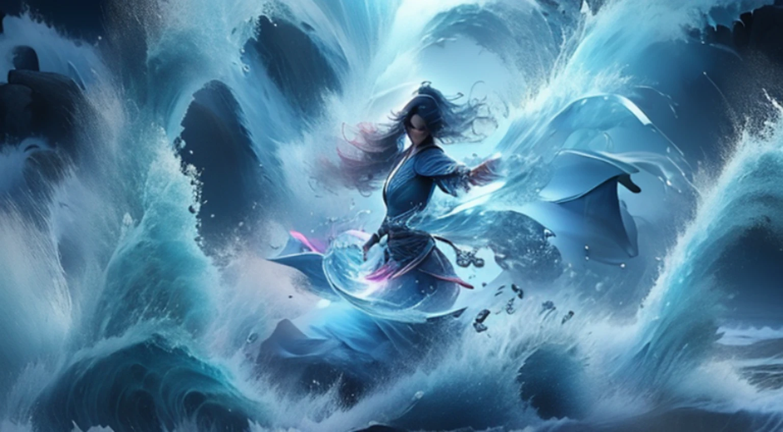 Bruxa do Mar , cabelos rosas , cara sexy perfeito , Navy Blue Gothic Dress with Pink, water magic, cold lighting, a noite , lua cheia no ceu , peixes ao seu redor, No fundo do mar, imersa a agua , magia da agua ao seu redor