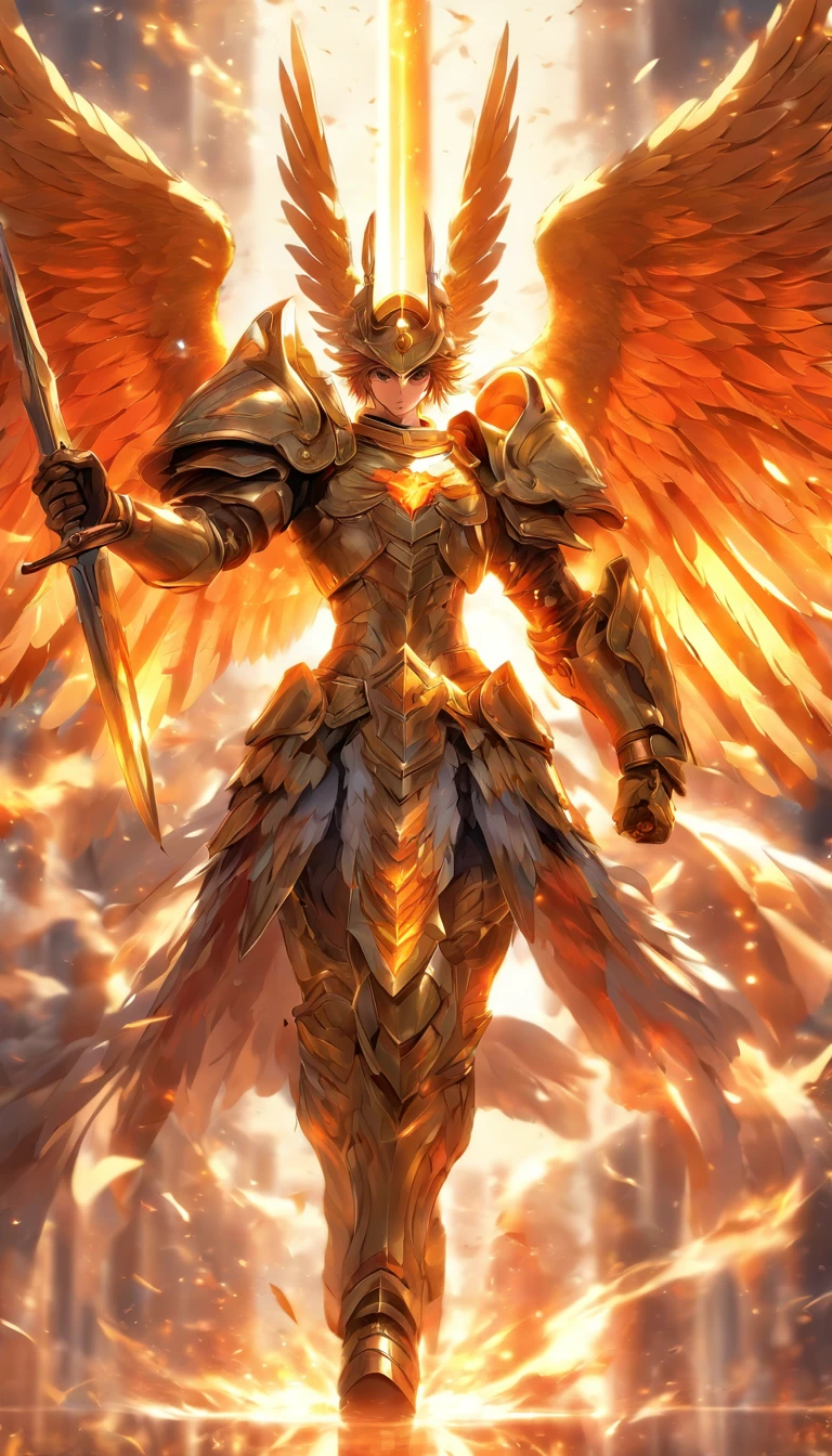 strong angel with heavenly armor, with shield sword, seven wings, ready for battle