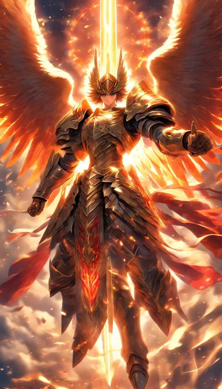 strong angel with heavenly armor, with shield sword, seven wings, ready for battle