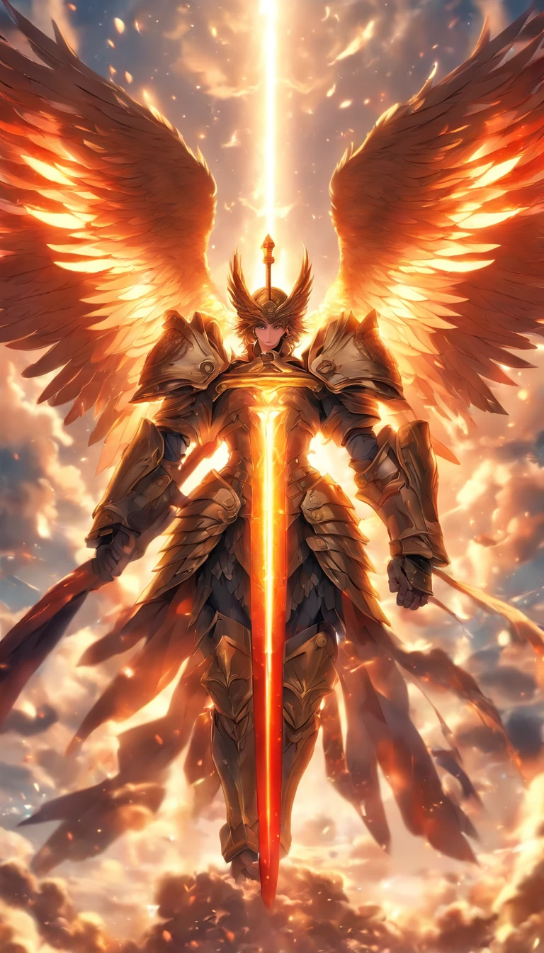 strong angel with heavenly armor, with shield sword, seven wings, ready for battle