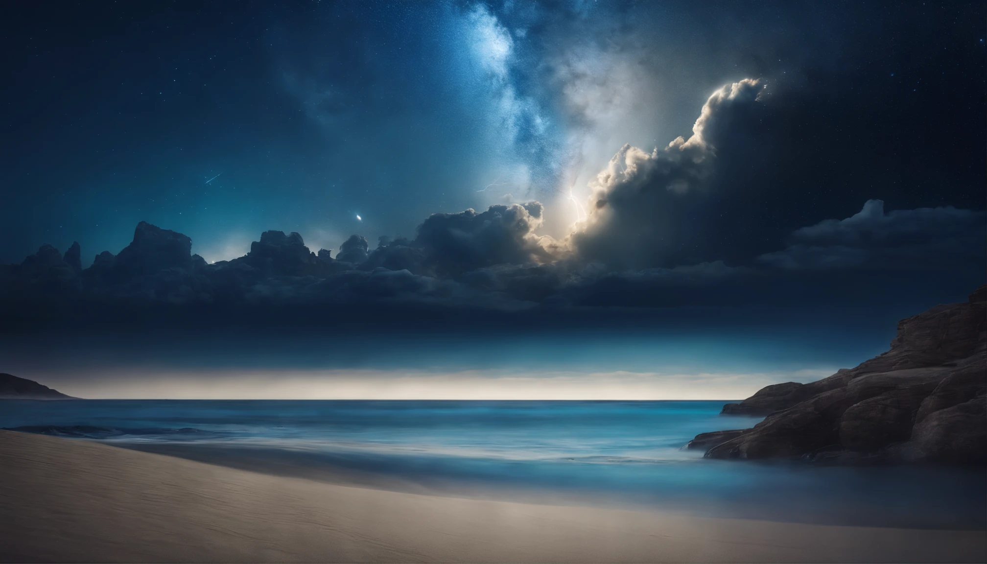 huge planet, the night, starrysky, surrealism, masutepiece, hight resolution、Impressive Milky Way:1.9、sand beach、Vast blue ocean、Blue Waves、Blue glacier、lightning bolt:1.9、Protoplanets、pure beauty