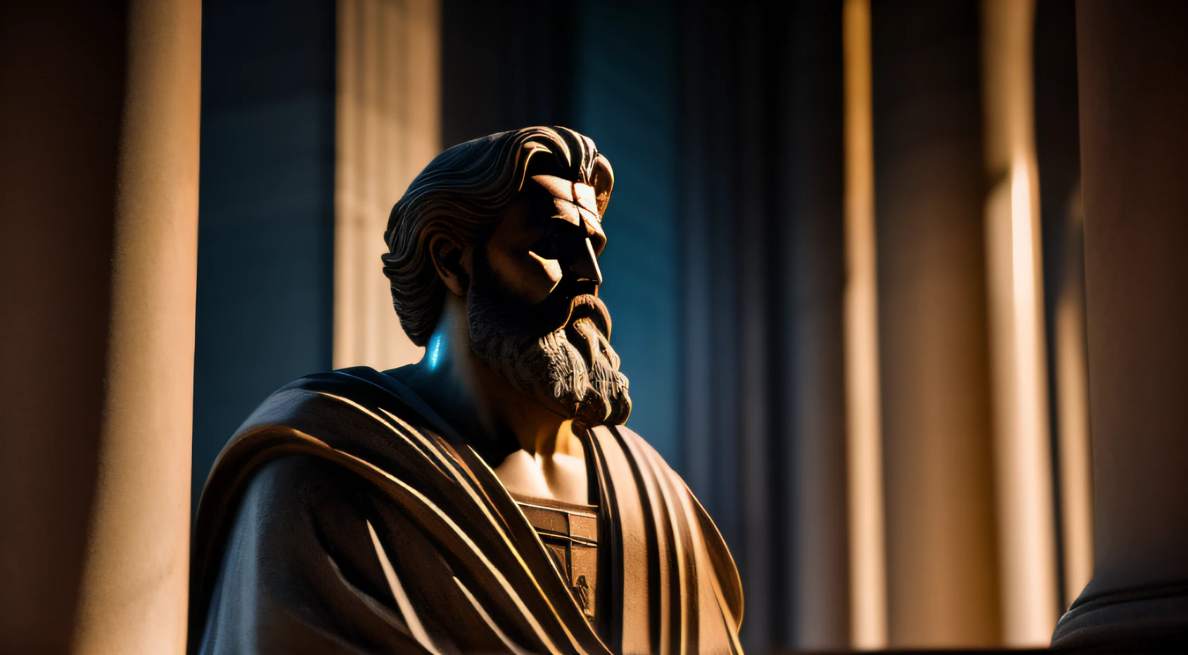 Foto de uma estatua de um deus grego, com barba, philosopher, com um templo ao fundo, 8k, cinematografia, epic light and shadow, muito contraste, fotografia profissional