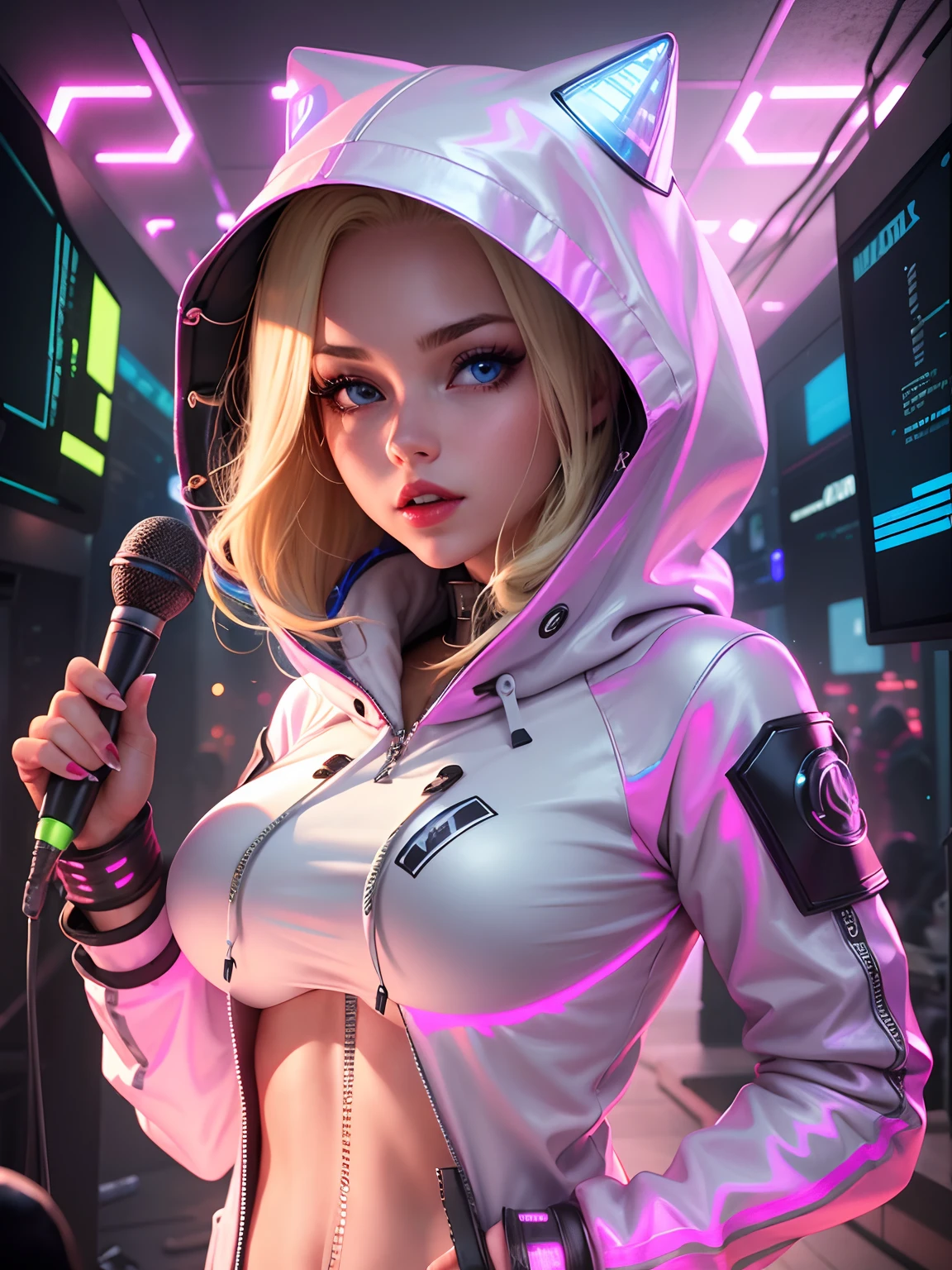 A girl with futuristic hoodie, blonde hair, bright blue eyes, red lips, big breast, metalical hoodie,holding microphone, LED light, cyberpunk, amazing, masterpiece, best quality, high resolution, 8k, ultra realistic