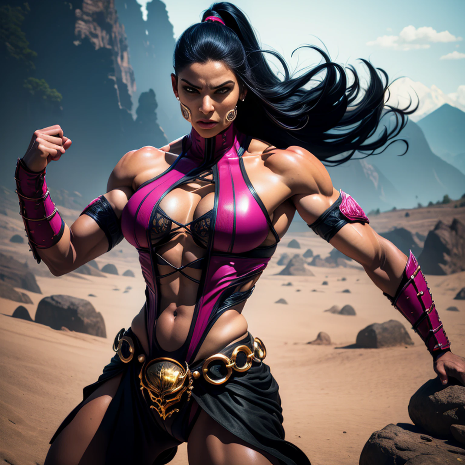 Mortal Kombat Mileena posing in victory pose in her best outfit, (melhor qualidade, 4k, Altas, master part:1.2), ultra-detalhado, Realistic:1.37, Rosto e corpo detalhados, flowing hair, confident expression, cores vibrantes, guerreiro de artes marciais, olhos ferozes, Athletic Physique, traje intrincado, intricate design patterns, foco nítido, postura poderosa, dynamic pose, Cinematic lighting, fantasy scenery, personagem de jogo de luta, belas paisagens ao fundo, atmosfera intensa, alto contraste, Shadows Dramatic, artistic composition, pintado digitalmente, arte conceitual do jogo, vibrant and energetic, iconic character, arte inspirada na cultura japonesa.