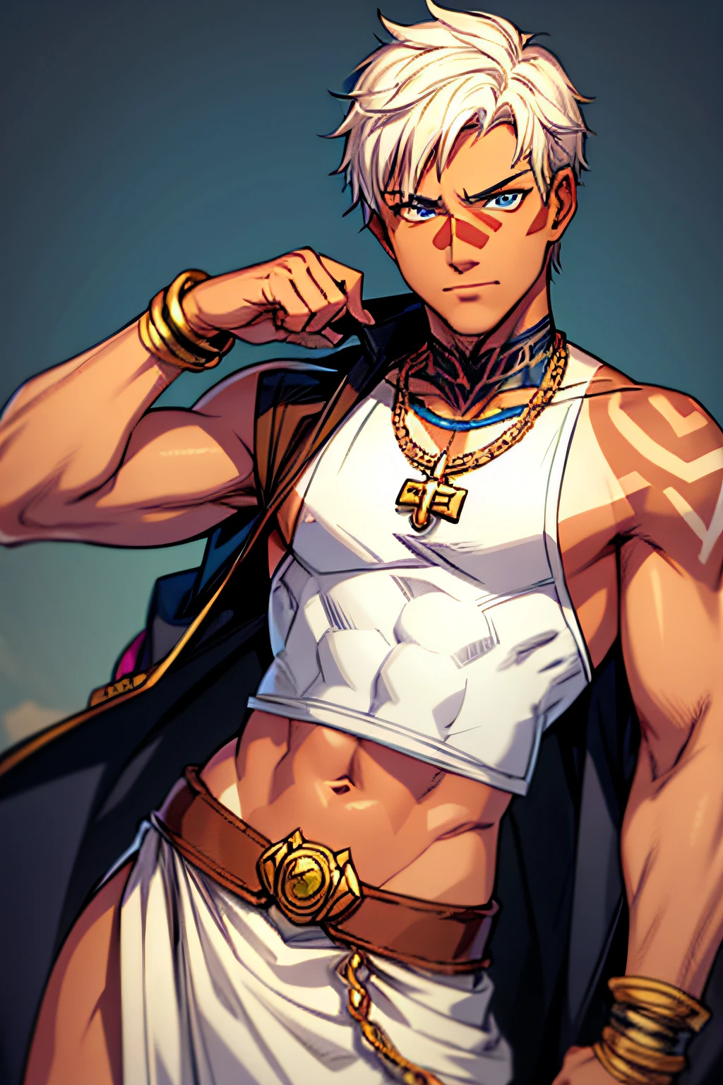 high detailed 1boy male, white_hair (short_hair) smiling_face, blue_eyes, arm_tattoo tatoo, (tan:1.8), chain_necklace, open_vest vest, abs, belt_pounch, monk sailor, simple_background, (fantasy:1.5), male_focus cowboy_shot solo, final fantasy tactics, jrpg, (dragon ball:0.6), vox machina style, by Jim Lee