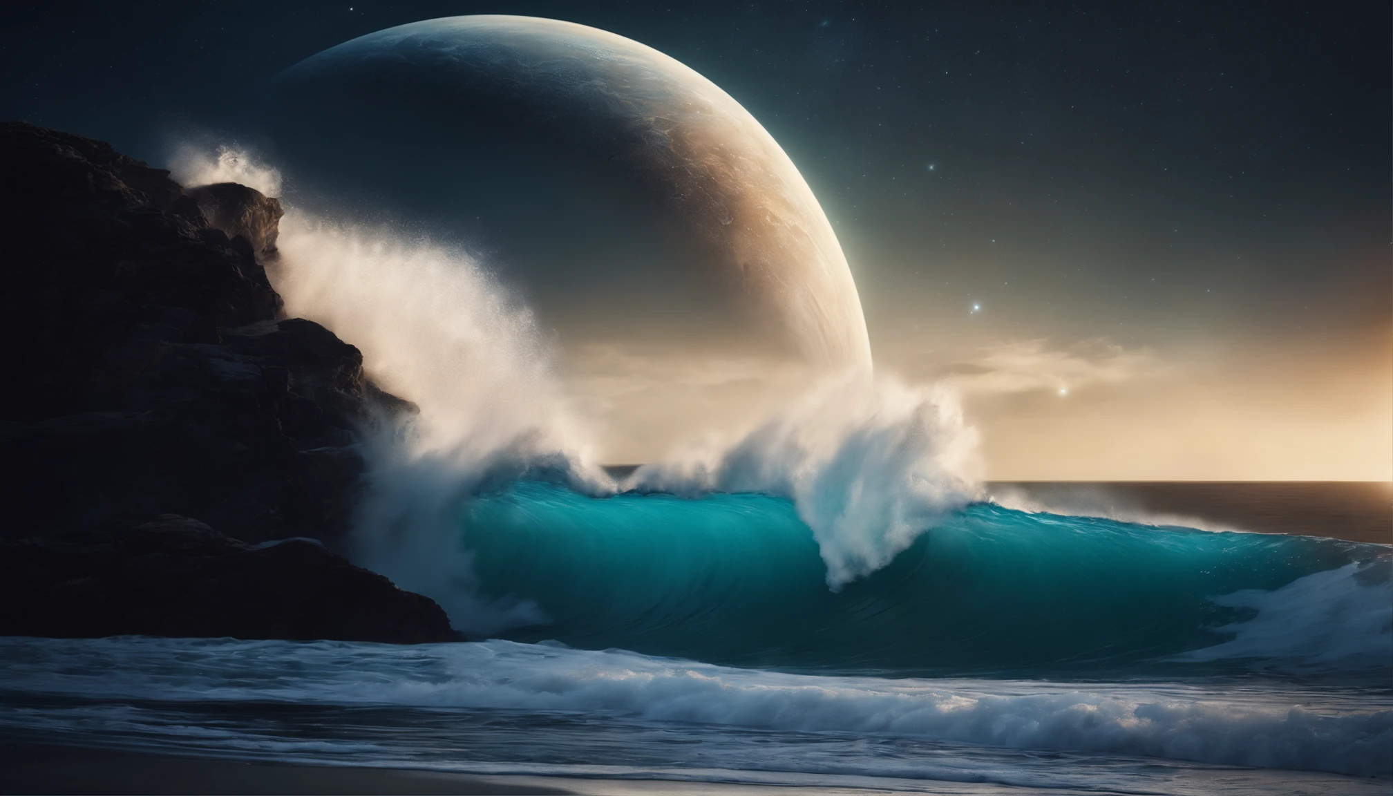 huge planet, the night, hight resolution、Impressive Milky Way:1.9、sand beach、Vast blue ocean、Blue Waves、Crystal clear wave crest、Blue glacier、lightning bolt:1.9、Protoplanets、pure beauty