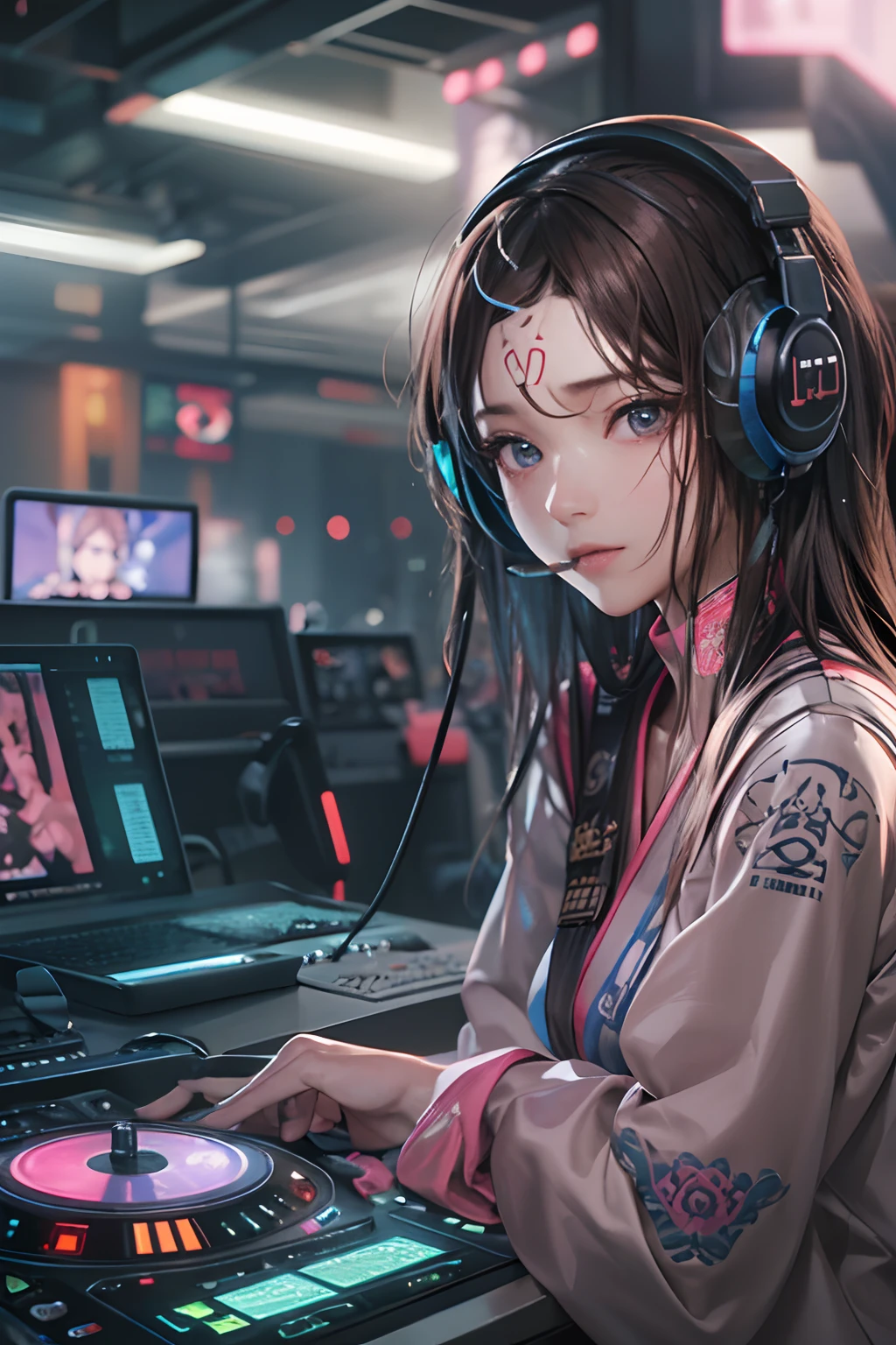 masterpiece, 1 beautiful girl, Detailed eye, Swollen eyes, top-quality, 超A high resolution, (reality: 1.4), 电影灯光, japanes, a asian beauty, very extremely beautiful, Beautiful skins, A slender, Forward-facing body, (A hyper-realistic), (hight resolution), (8K), (ighly detailed), ( Best Illustration), (beautifully detailed eyes), (ultra-detailliert), 详细的脸, Bright lighting, Professional Lighting、The background is a cyberpunk room with many monitors........、The cord is connected from the costume、Long Hair Color Pink、headset on head、small tattoo on face、Female DJ、gazing at viewer