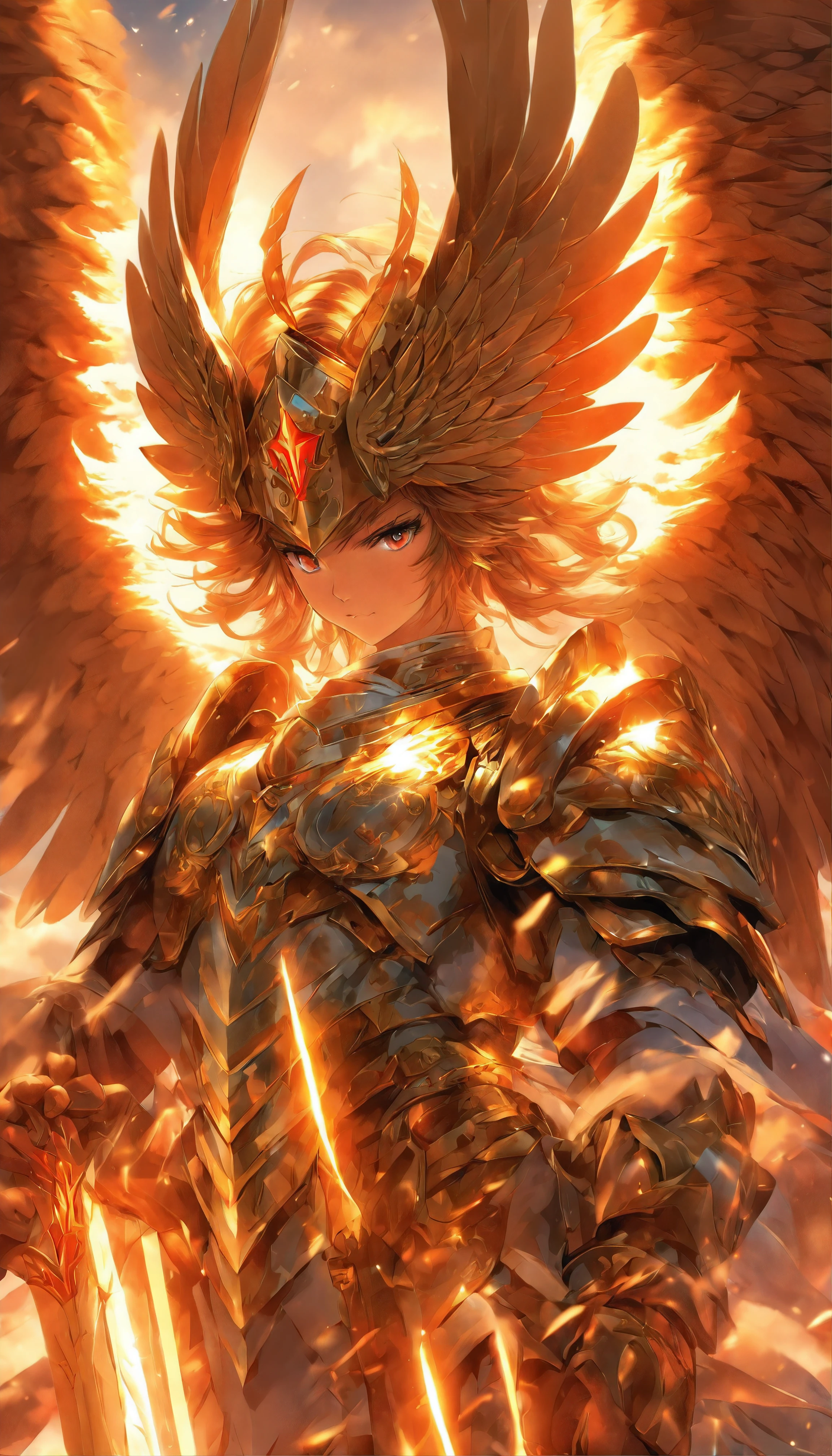 strong angel with heavenly armor, with shield sword, seven wings, ready for battle
