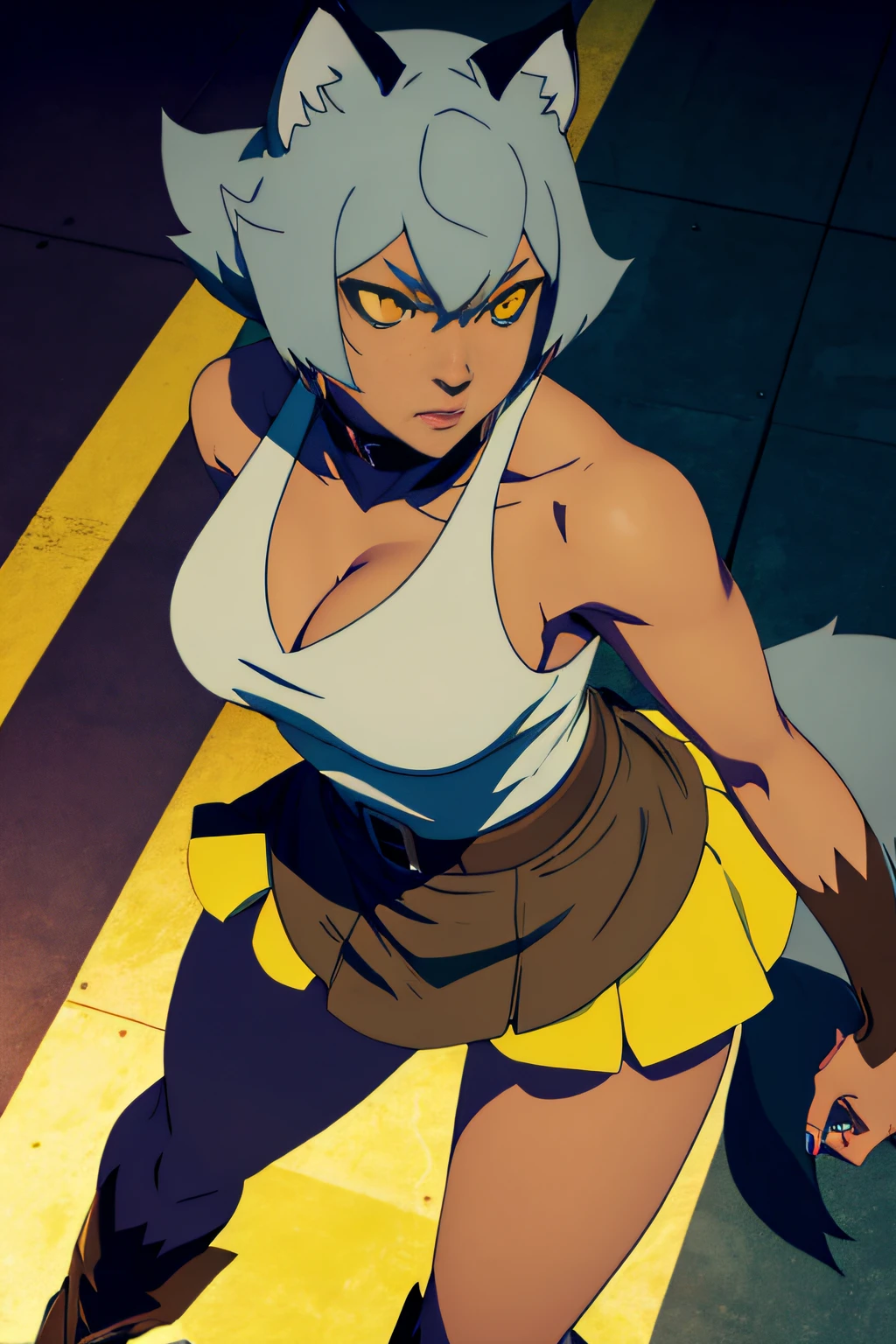 cute wolf girl, fantasy, miniskirt neckline, gray hair, bright yellow eyes, brown skin, menacing pose, sharp focus, superior details, perfect contrast, high sharpness, body symmetry