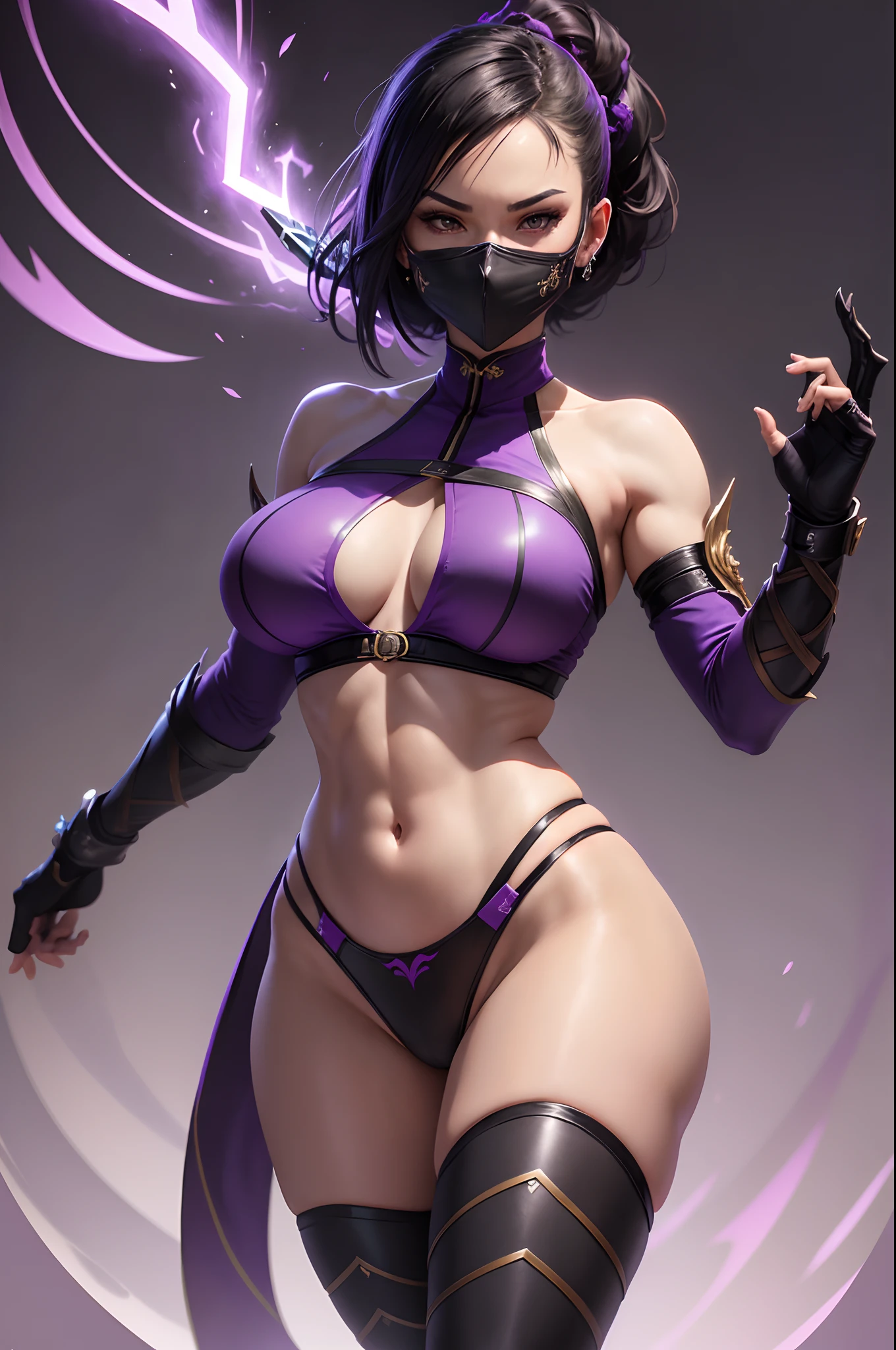 (masterpiece, top quality, best quality, official art, beautiful and aesthetic:1.2), (1girl:1.3), (fractal art:1.3), solo, Mileena from mortal kombat, Mortal Kombat video game,Millina Mortal Kombat 11, Mileena is a mutant hybrid clone of Kitana, black headband,Short hair, huge breasts, scary face with scary mouth and scary teeth , face mask, asian lady, purple black ninja uniform for lady, black gloves, black brown hair,purple long socks, long purple footwear, (catch Sai in her hands),(using Sai weapon), huge breasts,sexy ninja purple uniform , earrings, midriff, navel,toned, looking at viewer, upper body, fighting stance, the background behindher is Mortal kombat logo , background include mortal komat dragon