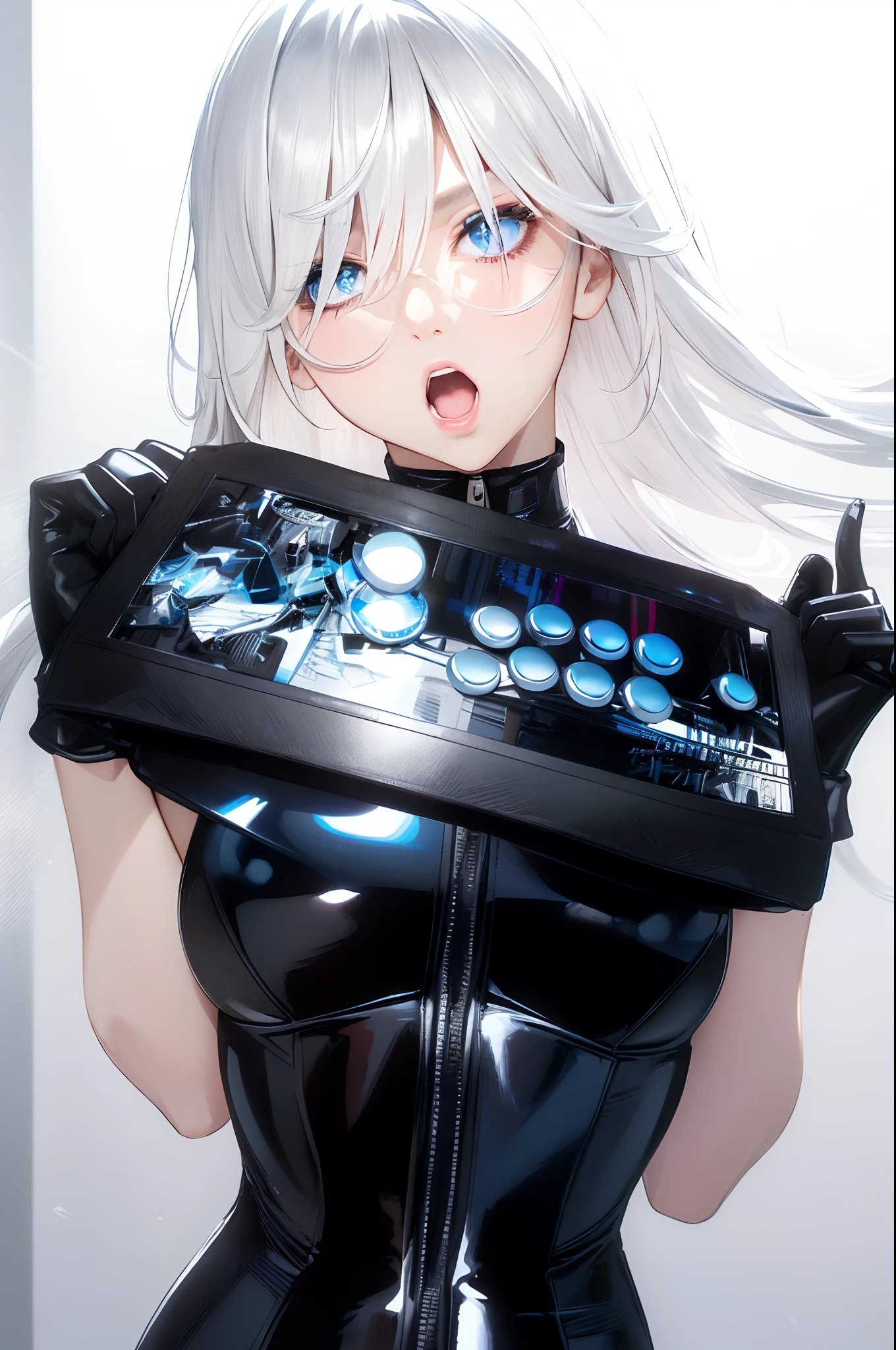 a blond、 Ahegao、hight resolution, 1 rapariga, Korea person, Heterochromia eyes, small moles under eyes,blue-black leather pants, Silver zipper,Belt under the waist,superfine illustration,(((beautiful fine hair))),(((Beautiful Fine Face))),(((Beautiful fine background))),Normal small size,bangss ,(((beautiful fine hair))),(((Beautiful Fine Face))),(((Beautiful fine background))),a blond , show forehead, Silver center zipper, Leather Blue Black Bodysuit, 3-sleeveblue-black, shiny, Blonde ponytail