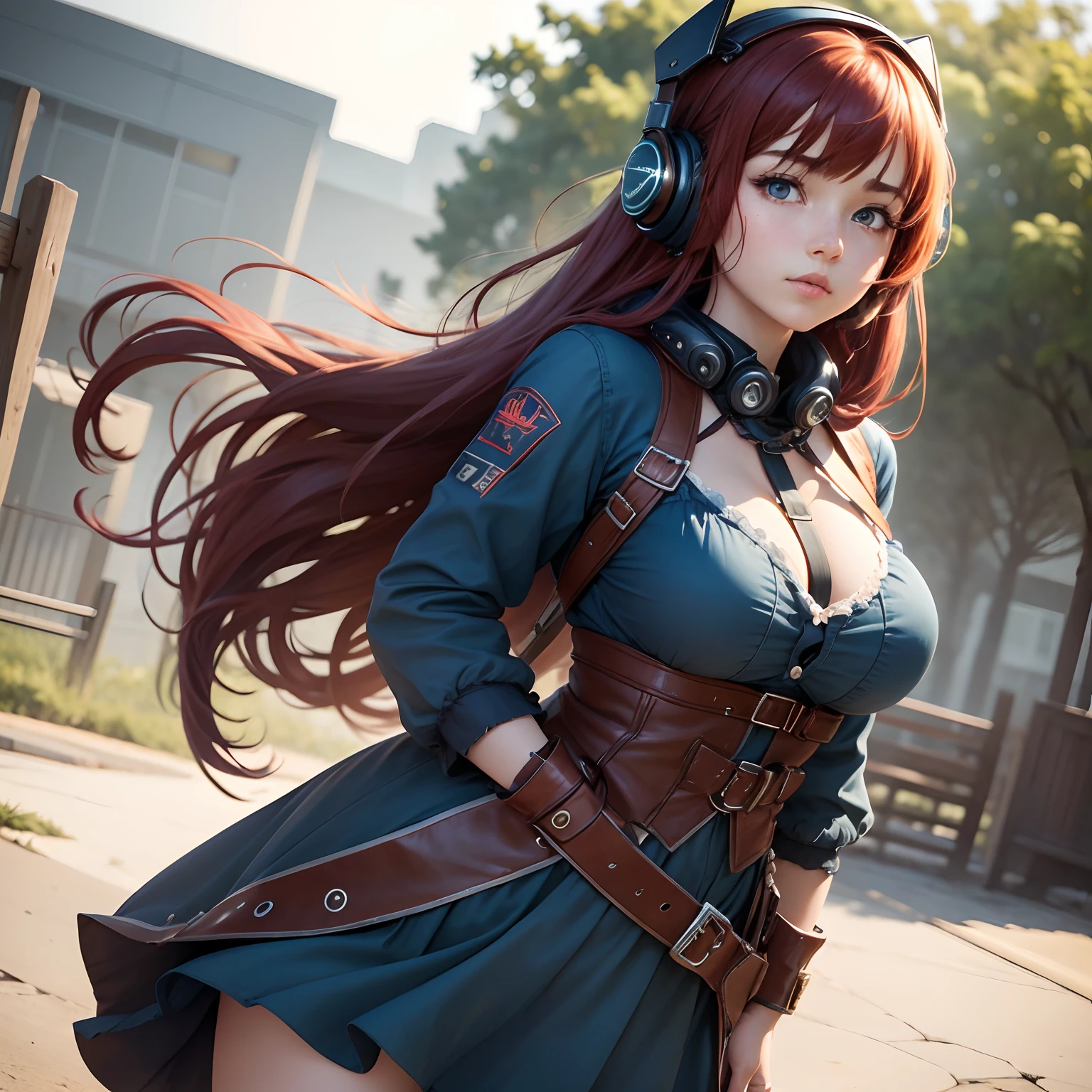 8k, masterpiece, best quality, realistic, higly detailed, cowboy shot, 1girl, solo, miku, emotionless looking girl, medium-length red hair, strands of hair hanging over the right side of her face, a set of wireless headphones that have a triangle-shaped logo on the ear cups around her neck, dark blue eyes, average height, well-endowed figure, large breasts, bangs cover her right eye, Spring Clothes