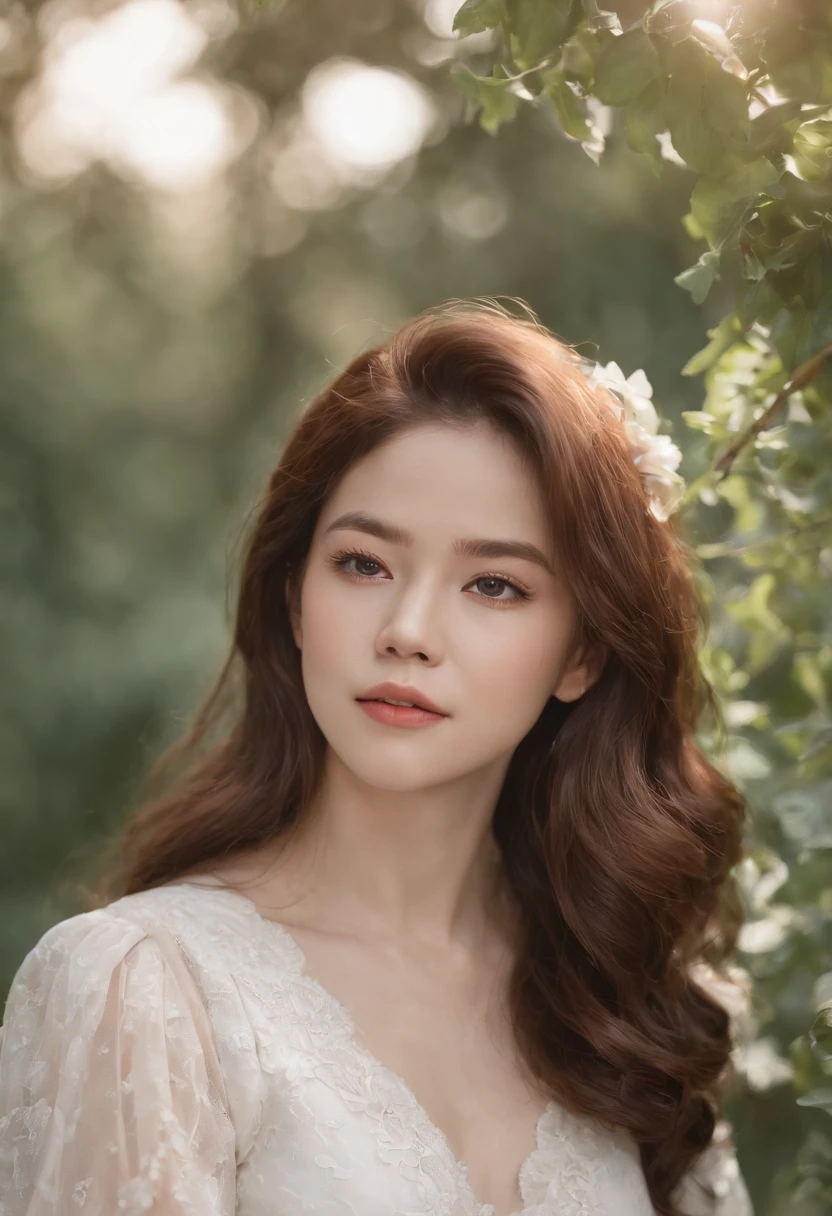 A couple in love with Jimin and Madina. Jimin is a Korean from BTS and Madina is a Chechen from Russia. Madina with curly hair and pretty features in a long beautiful dress. Jimin with dark hair color in a white shirt. They stand, hugging each other, on a bench in the shade of a large tree illuminated by sunlight;.