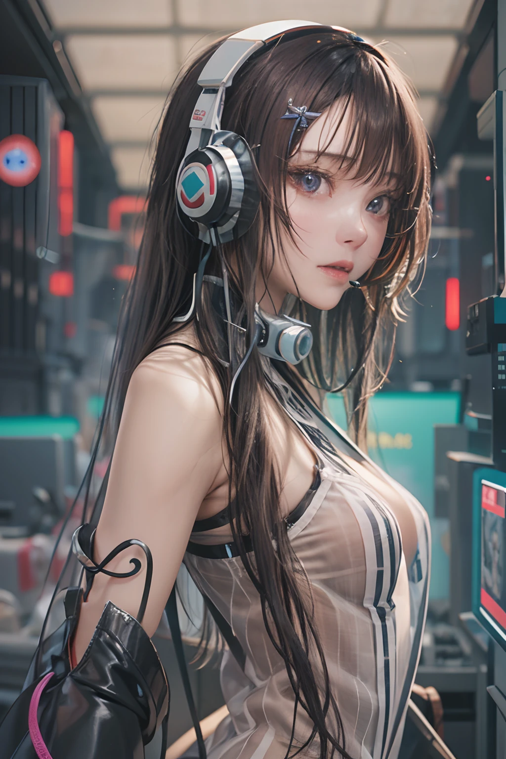 ​masterpiece, 1 beautiful girl, Detailed eye, Swollen eyes, top-quality, 超A high resolution, (reality: 1.4), 电影灯光, japanes, a asian beauty, very extremely beautiful, Beautiful skins, A slender, Forward-facing body, (A hyper-realistic), (hight resolution), (8K), (ighly detailed), ( Best Illustration), (beautifully detailed eyes), (ultra-detailliert), 详细的脸, Bright lighting, Professional Lighting、The background is a cyberpunk room with a large number of monitors.........、The cord is connected from the costume、Long Hair Color Pink、headset on head、small tattoo on face、Female DJ、gazing at viewer
