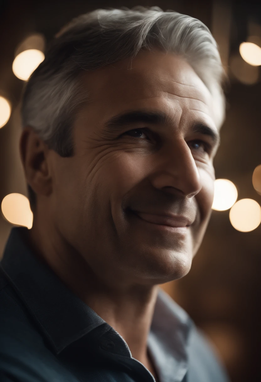 (highres:1.2,photorealistic) Portrait of a father, handsome features, warm smile, kind eyes, strong jawline, gray hair, gentle touch, loving expression, proud fatherhood, protective aura, subtle wrinkles, soft lighting, neutral background, minimalist style, artistically composed, vivid colors