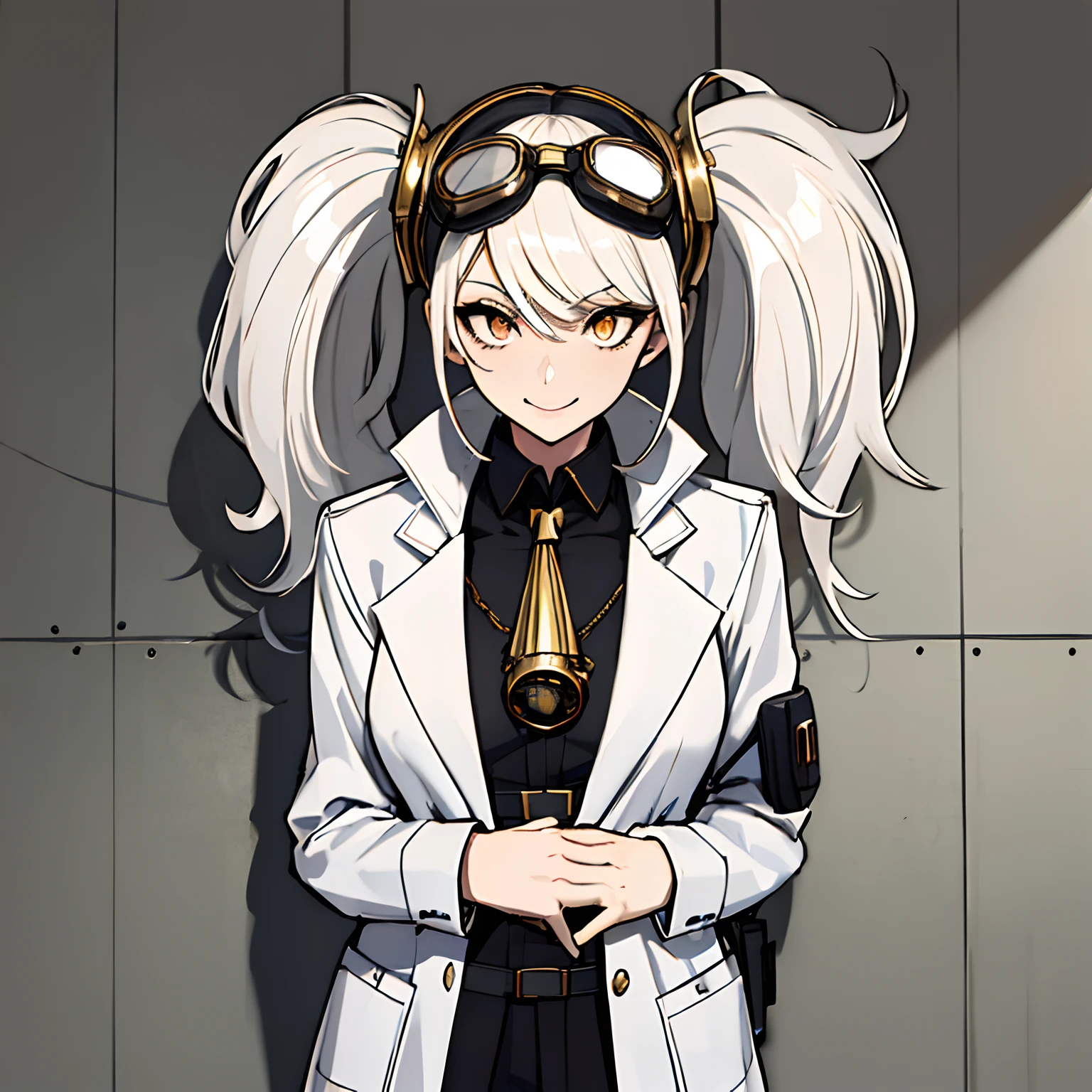 (absurdres, 8k, 4k, masterpiece, hyper extreme detailed:1.2), solo, 1girl, front view, perfect face, 1girl, portrait, expressive eyes, solo, standing, Female, girl with goggles and a chain around her neck, cyber goggles, victorian goggles, round goggles, goggles, cyberpunk monocle!, goggle eyes, steampunk googles, steampunk goggles, wearing victorian brass goggles, weak, female, small breasts, pale, cream colored hair, long hair, gold eyes, swept bangs, slim, slender, intelligent, genius, mad scientist, twin tails, Inventor, confident, perfect anatomy, futuristic, fingerless gloves, chest harness, pervert, egotistical, half body, lab coat, belts, crazy face, crazy eyes, crazy smile, white room background, 1girl, futuristic, standing, looking at tablet, leaning against wall, labcoat, t-shirt, white hair, mature, adult, attractive, holding tablet in hand, skirt
