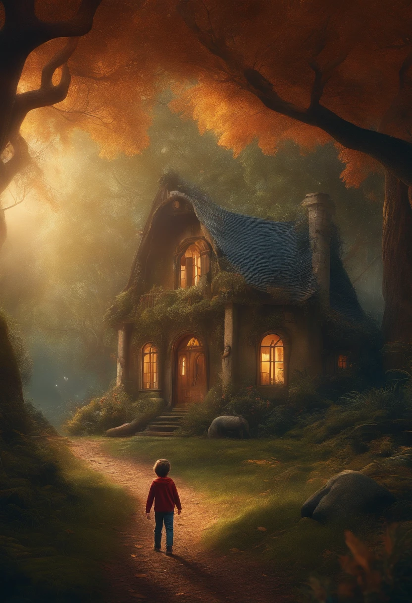 Boy in a magical gloomy forest with fanciful creatures and an old house with light in the window in the background, alta definicion