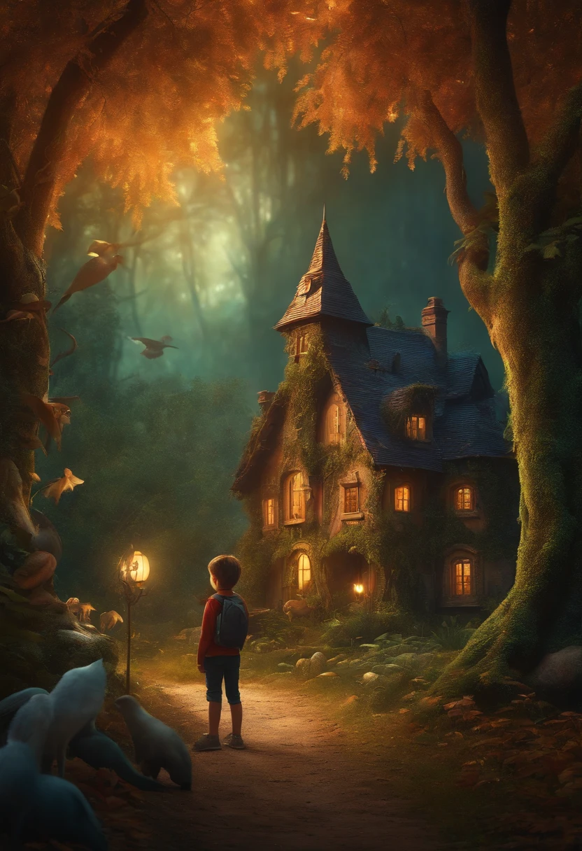 Boy in a magical gloomy forest with fanciful creatures and an old house with light in the window in the background, alta definicion