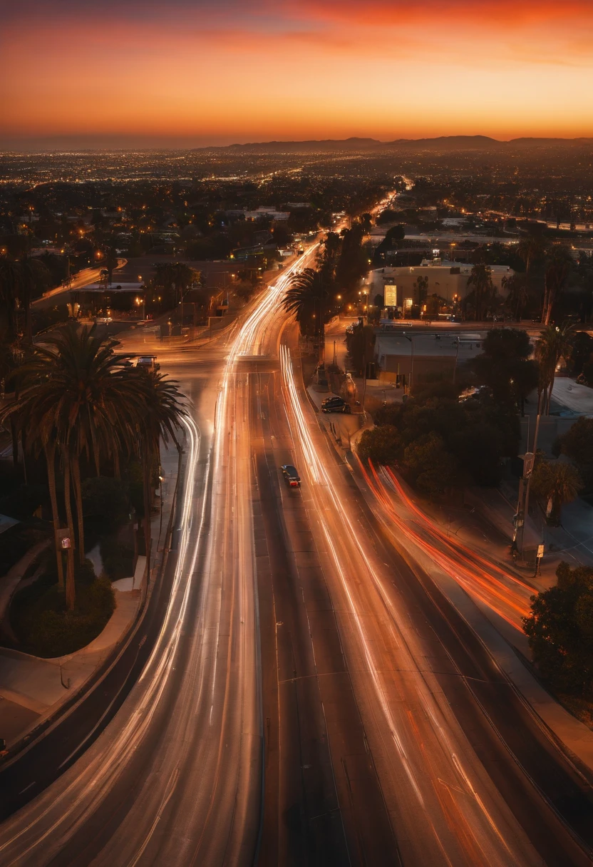 photo of a wide intersection in Los Angeles, very few cars and people, panoramic, golden hour