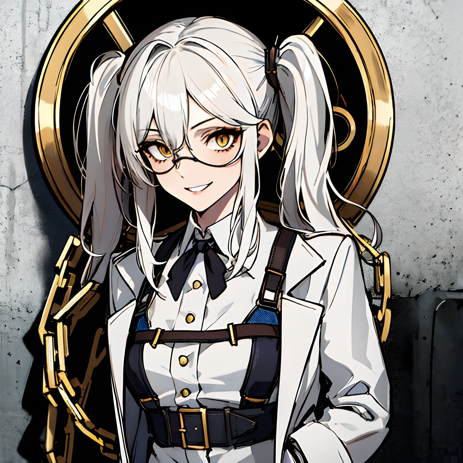 (absurdres, 8k, 4k, masterpiece, hyper extreme detailed:1.2), solo, 1girl, front view, perfect face, 1girl, portrait, expressive eyes, looking at viewer, solo, standing, Female, girl with goggles and a chain around her neck, cyber goggles, victorian goggles, round goggles, goggles, cyberpunk monocle!, goggle eyes, steampunk googles, steampunk goggles, wearing victorian brass goggles, weak, female, small breasts, pale, cream colored hair, long hair, gold eyes, swept bangs, slim, slender, intelligent, genius, mad scientist, twin tails, Inventor, confident, perfect anatomy, futuristic, fingerless gloves, chest harness, pervert, egotistical, half body, lab coat, belts, crazy face, crazy eyes, crazy smile, white room background, 1girl, futuristic, standing, collared labcoat, white shirt, white hair, hands in pockets, leaning against wall, mature, adult, attractive,