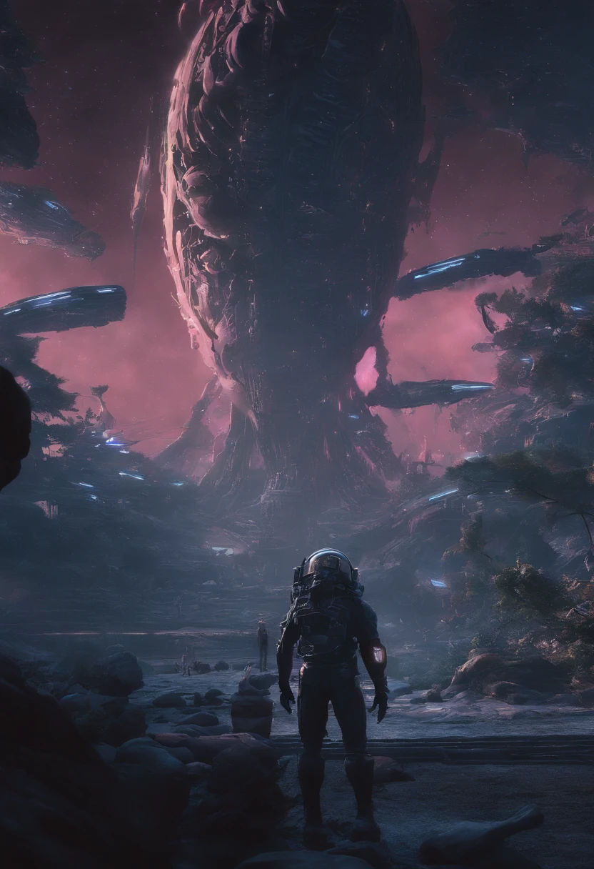 (masterpiece, best quality: 1.2),1 monster, alien type, Floating in space, nave destruida, sangue, loose parts con un alienigena que lo intenta cazar, por Makoto Shinkai, por Artgerm, por Wlop, por Greg Rutakowski, volumetric illumination, octanaje render, 4k-resolution, tendencias en Artstation, obra maestra
