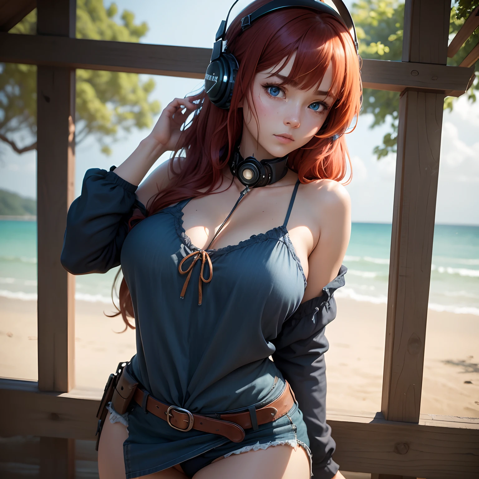 8k, masterpiece, best quality, realistic, higly detailed, cowboy shot, 1girl, solo, miku, emotionless looking girl, medium-length red hair, strands of hair hanging over the right side of her face, a set of wireless headphones that have a triangle-shaped logo on the ear cups around her neck, dark blue eyes, average height, well-endowed figure, large breasts, bangs cover her right eye, Summer Clothes