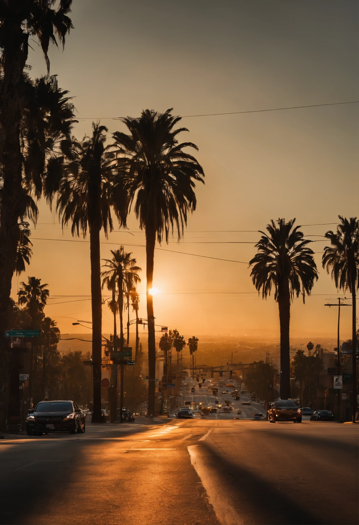 photo of a wide intersection in Los Angeles, very few cars and people, panoramic, golden hour