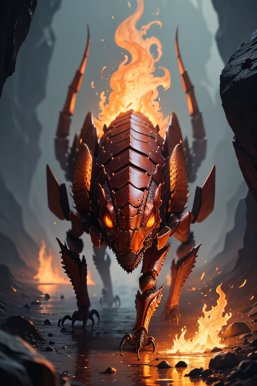 a fearsome ant hill in demonic style, with blazing eyes, sharp horns, there are treasures around it, with some terrifying visual effects, fantasy,3D,Hd,HDR,4k upscale, v--4.