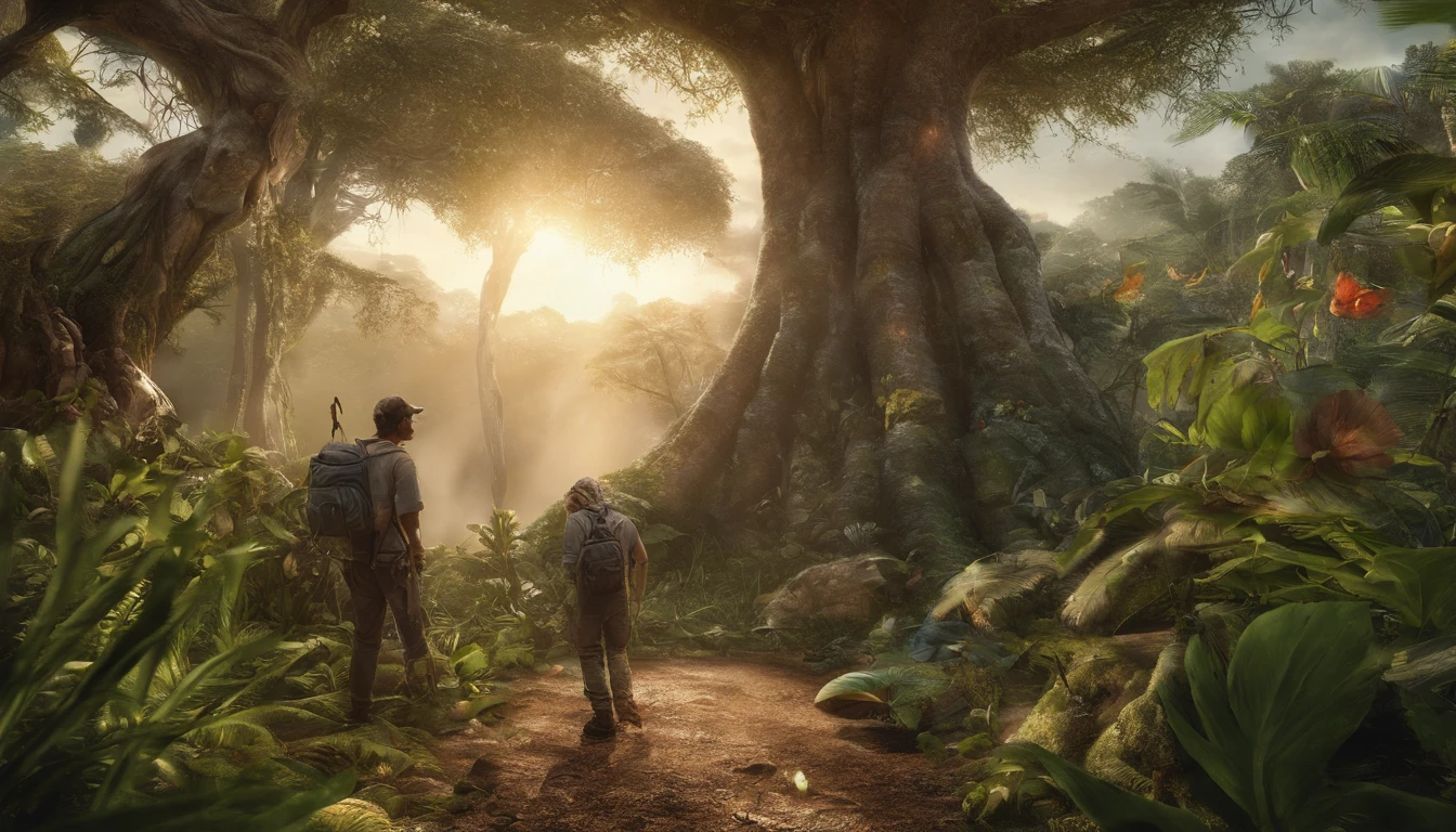 imagine um homem orando de joelhos em uma floresta com arvores floridas, um rio ao lado e um por do sol de fundo