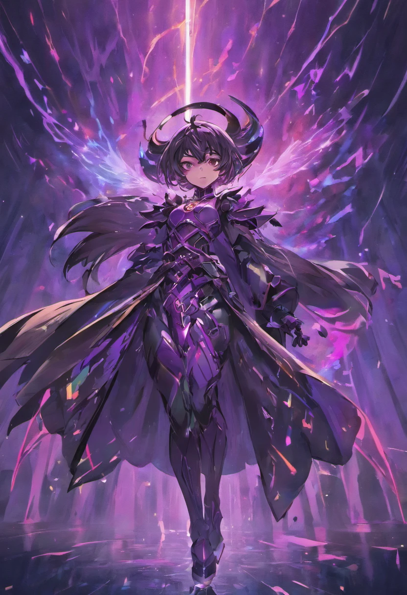 Armadura pesada negra cheia de espinhos, humanoide alto, forte, carries a large sword in his hand that emits an aura of purple fire, half-ghostly purple details, ambiente escuro e morto