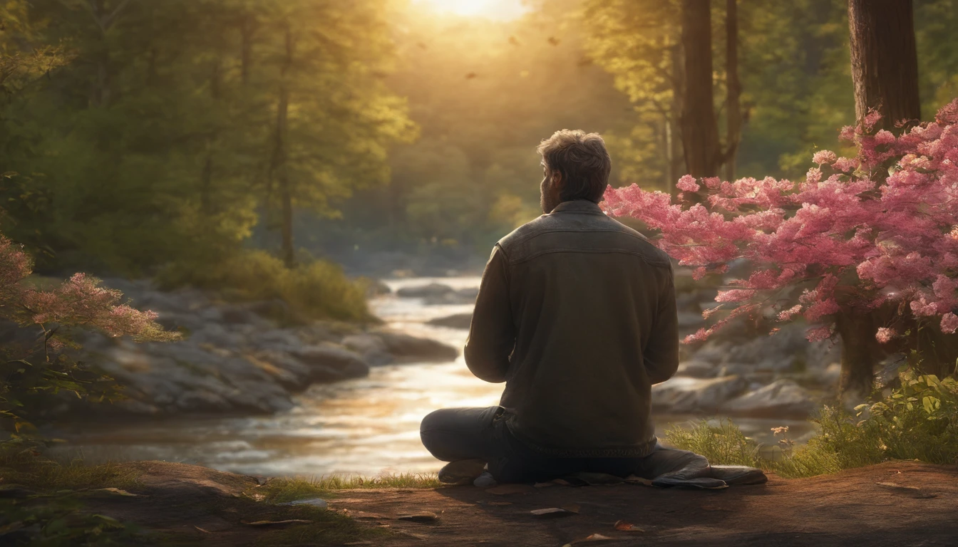 An man praying on his knees in a forest with blooming trees, a river beside, and a sunset in the background, (best quality, 4k, highres,masterpiece:1.2), ultra-detailed, (realistic,photorealistic:1.37), HDR, vivid colors, bokeh, portraits, landscape, 3D rendering, sharp focus, gentle lighting