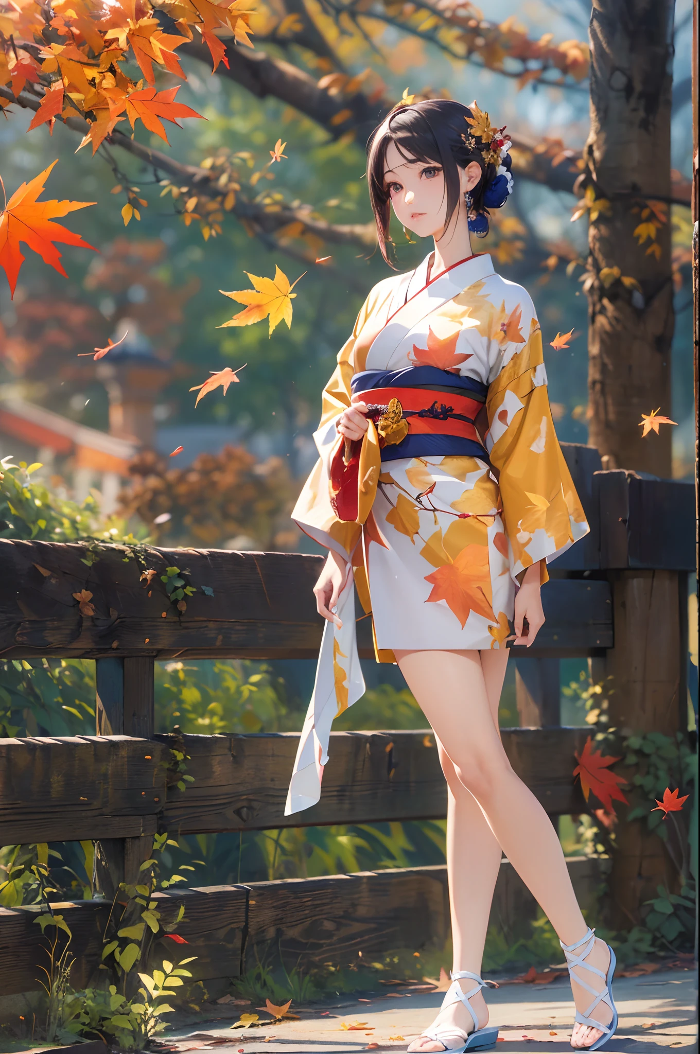 (Official art、absurderes、Best Quality、Unity 8k Wallpapers、32K、​masterpiece、ultra-detailliert、超A high resolution、Oil painting style:1.2)、A slender、Medium bust、(Full body:1.2)、(sideshot、Looking away:1.2)、Highly detailed background、Realistic eyes、Sharp pupils、Beautiful girl in kimono、(very detailed face and eyes、beauitful face、super detailed skin、detailed skin textures:1.3)、Lots of autumn leaves、Sunlight、Autumn landscape、(thighs thighs thighs thighs:0.4)