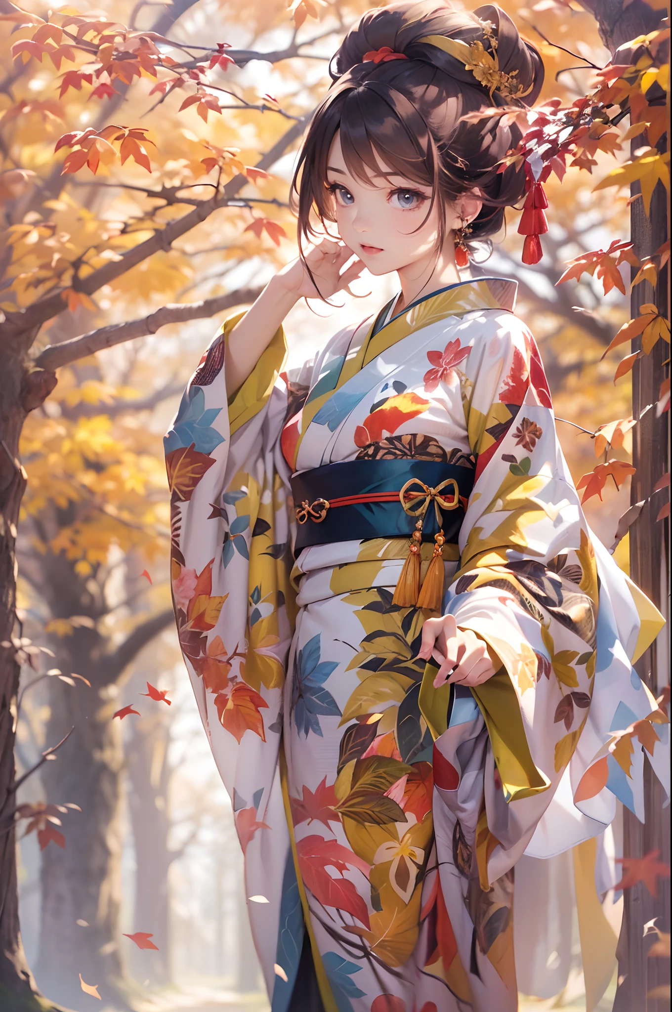 (Official art、absurderes、Best Quality、Unity 8k Wallpapers、32K、​masterpiece、ultra-detailliert、超A high resolution、Oil painting style:1.2)、A slender、Medium bust、(Full body:1.2)、(sideshot、Looking away:1.2)、Highly detailed background、Realistic eyes、Sharp pupils、Beautiful girl in kimono、(very detailed face and eyes、beauitful face、super detailed skin、detailed skin textures:1.3)、Lots of autumn leaves、Sunlight、Autumn landscape、(thighs thighs thighs thighs:0.4)