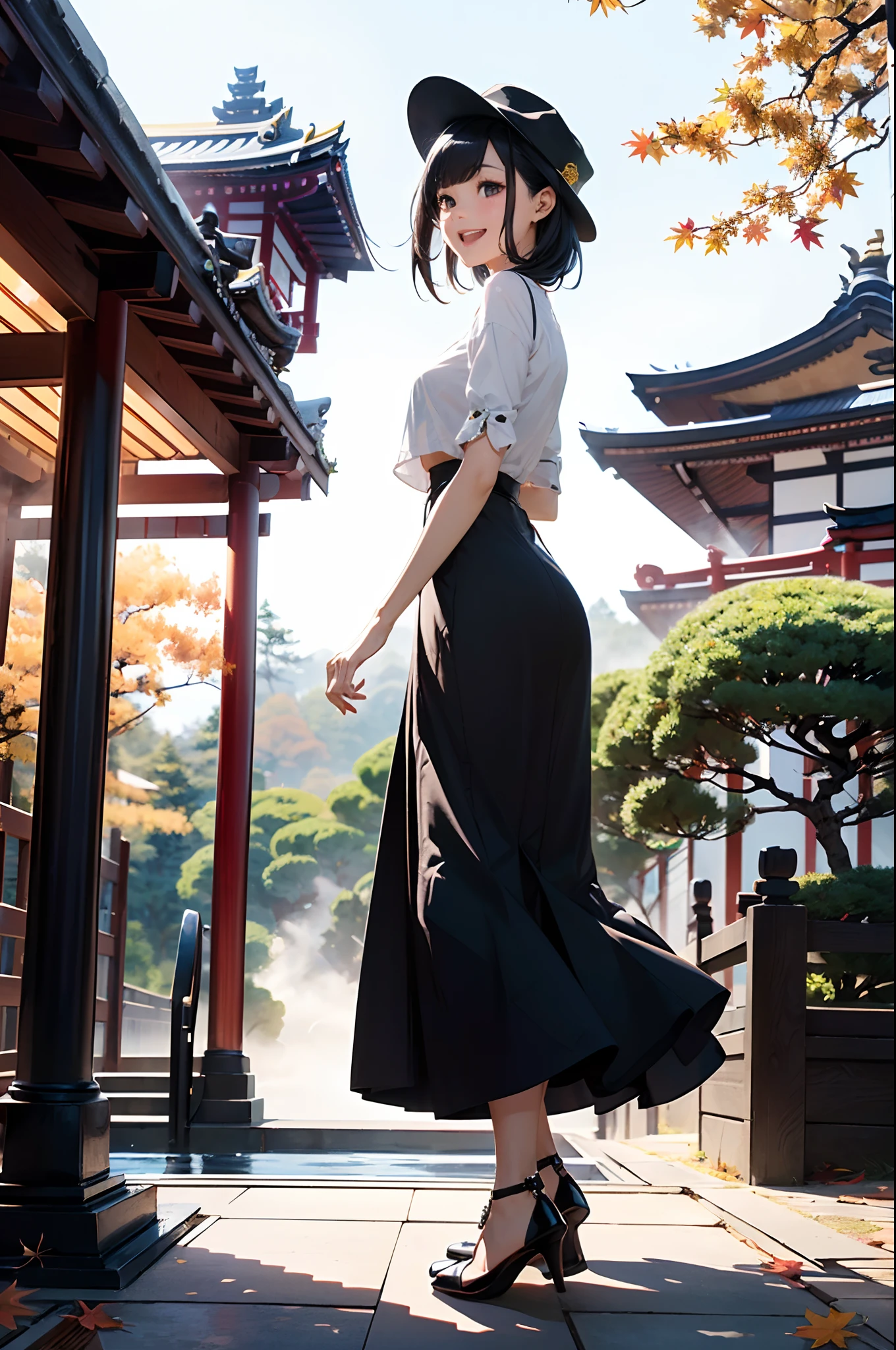 (Official art、Best Quality、Unity 8k Wallpapers、32K、​masterpiece、ultra-detailliert、超A high resolution、realisitic、Photorealsitic:1.2)、(Cinematic lighting:1.2)、Fireglow effect、film grains、Best Shadows、Rim lighting、side lights、(Ultra-detailed and complex 3D rendering)、Detailed beautiful face and eyes、(Full body:1.2)、(sideshot、Looking away:1.2)、(Mystical)、Highly detailed background、beauitful face、blurry backround、(super detailed skin、detailed skin textures:1.3)、(Kikoyo、Colored leaves、Autumn landscape:1.2)、cowboy  shot、Sharp pupils、Realistic pupils、shinny skin、beauitful face、blurry backround、20-year-old beauty、shinny skin、Beautiful shiny black hair、Longhaire、Gray eyes、Hats、Smile with open mouth、Maxi skirt with a floral pattern、beauty legs、Knitted tops、foco nítido、(Kinkakuji Temple:1.2)、In the morning fog