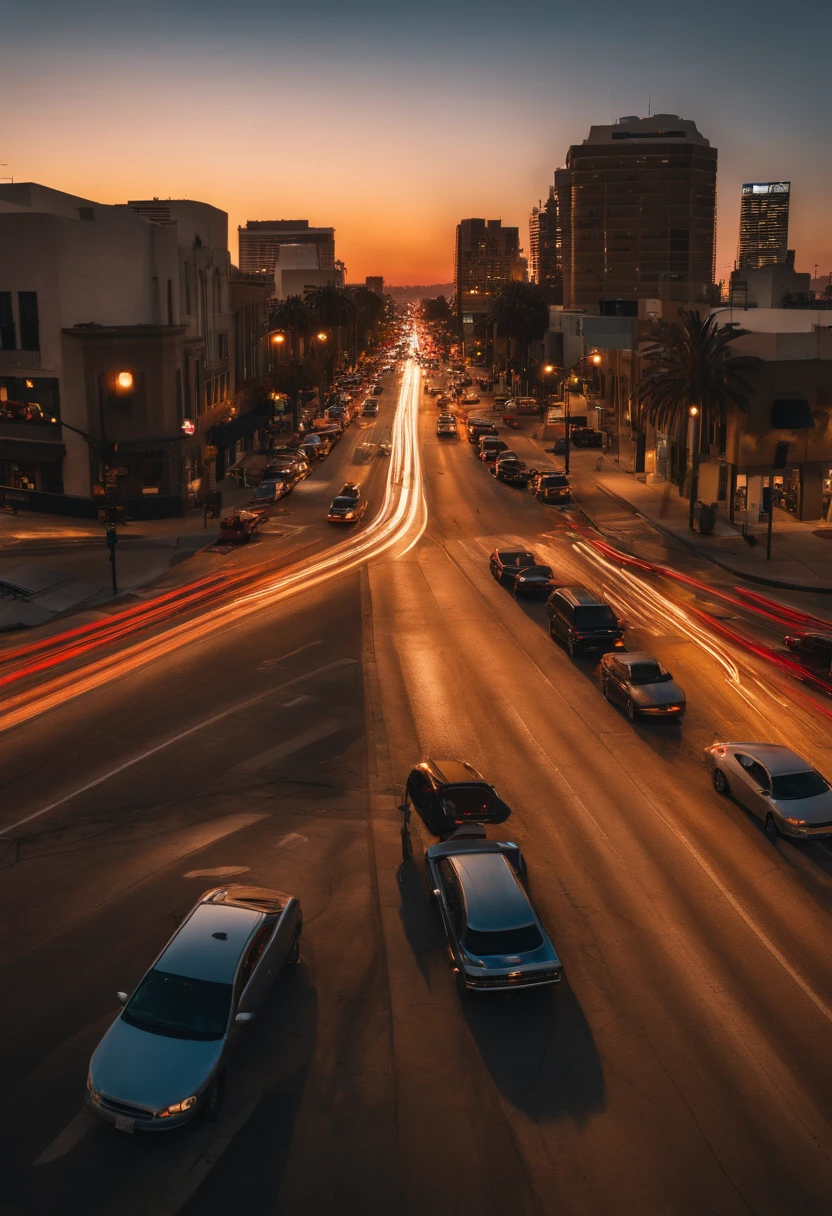 horizontal wide angle low angle photo of a wide intersection in Los Angeles, very few cars and people, panoramic, golden hour