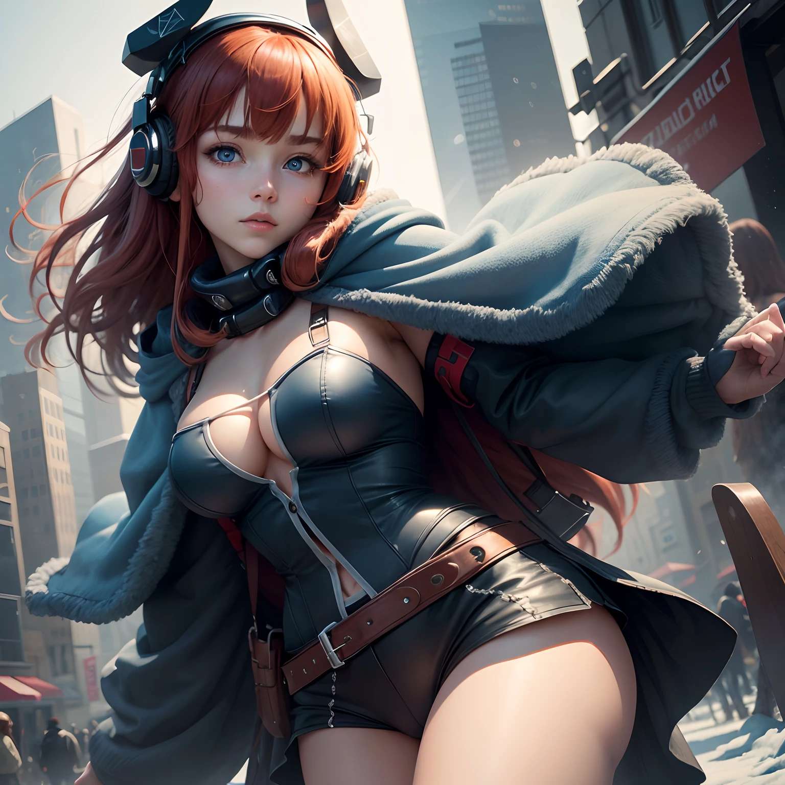 8k, masterpiece, best quality, realistic, higly detailed, cowboy shot, 1girl, solo, miku, emotionless looking girl, medium-length red hair, strands of hair hanging over the right side of her face, a set of wireless headphones that have a triangle-shaped logo on the ear cups around her neck, dark blue eyes, average height, well-endowed figure, large breasts, bangs cover her right eye, Winter Clothes