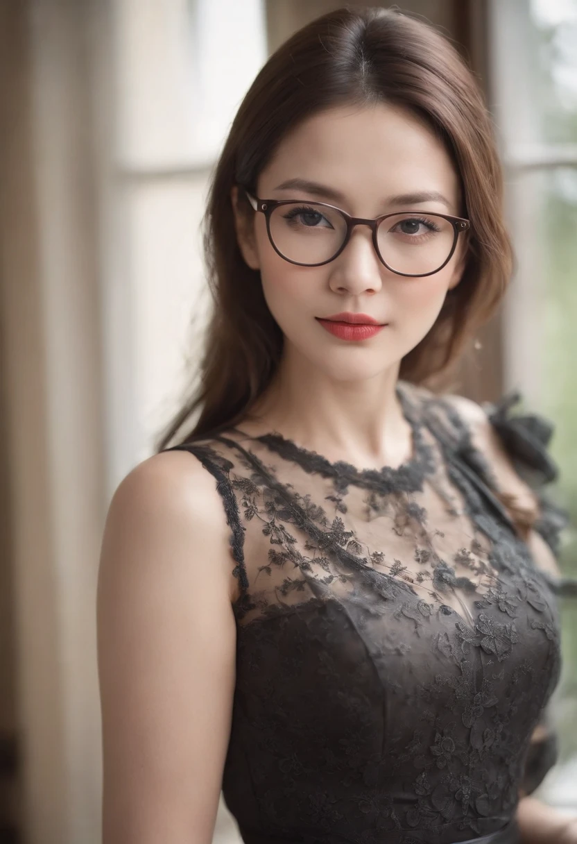 A mature woman around 30 years old, Has the temperament of a royal sister,Slightly chubby and graceful figure, Beautiful,wearing silk stockings,Wear glasses,There are lip nails,Sexy and seductive,super sharp focus, realistic lens,