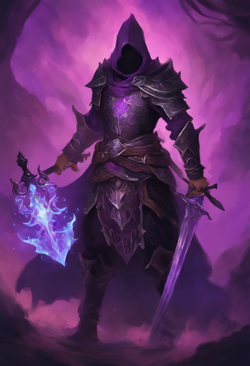 Armadura pesada negra cheia de espinhos, humanoide alto, forte, carries a large sword in his hand that emits an aura of purple fire, half-ghostly purple details, ambiente escuro e morto