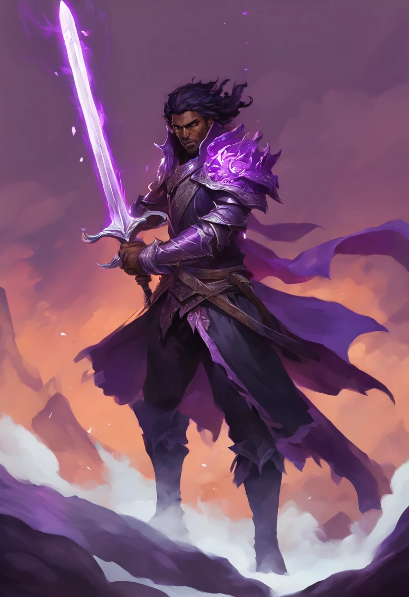 Armadura pesada negra cheia de espinhos, humanoide alto, forte, carries a large sword in his hand that emits an aura of purple fire, half-ghostly purple details, ambiente escuro e morto