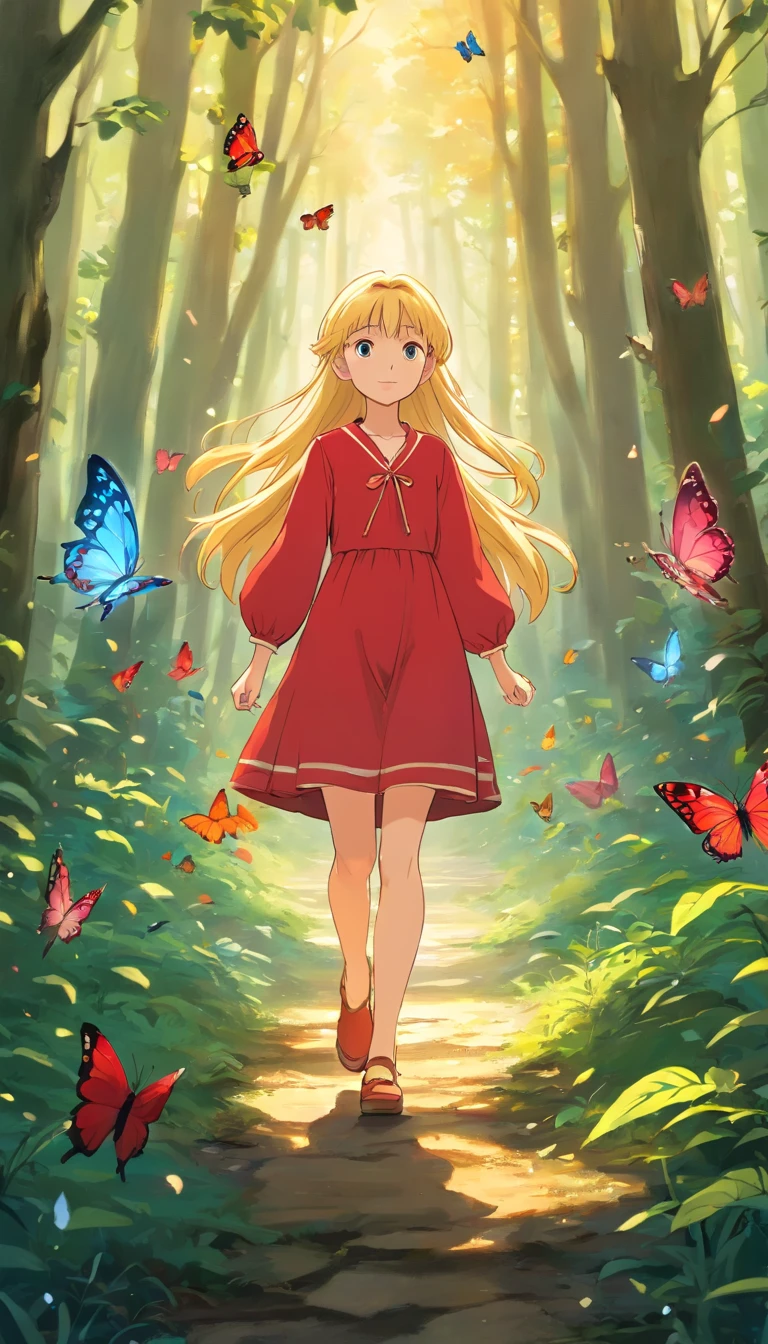 Little cute 12 years old belarus girl slavena petrova with red dress and long blonde hair walking in an enchanted forest, surrounded by multi colored butterflies