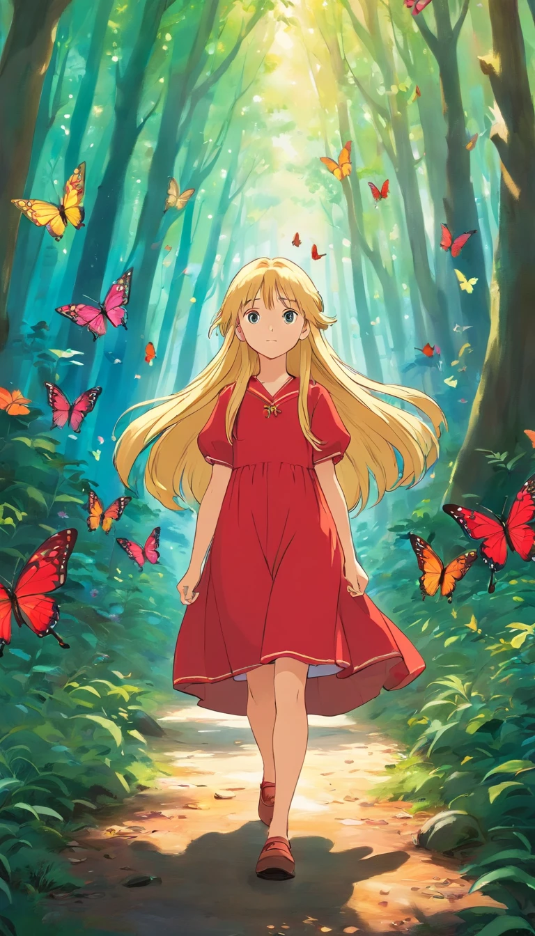 cute 12 yeaus girl slavena petrova with red dress and long blonde hair walking in an enchanted forest, surrounded by multi colored butterflies