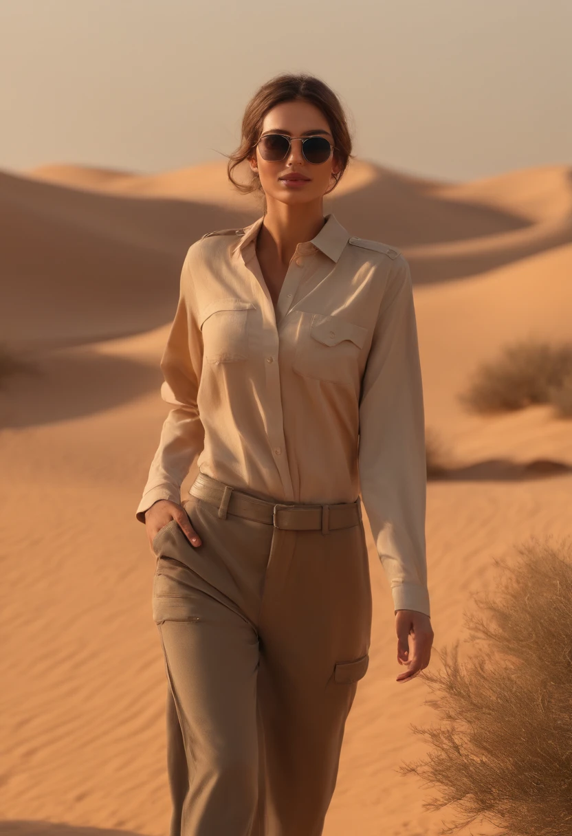 ((Best quality)), ((masterpiece)), ((realistic)), ((Best quality)), ((masterpiece)), ((realistic)), Girl walking in desert, looking tired, wearing Loose-fitting clothing Long-sleeved shirts and pants, Headgear, Sunglasses, very beautiful, in a natural and casual style on eye level, scenic, masterpiece, (highres), original, extremely detailed 8K , (photorealistic:1.4),flawless face, perfect eyes,symmetrica body shape,smile,