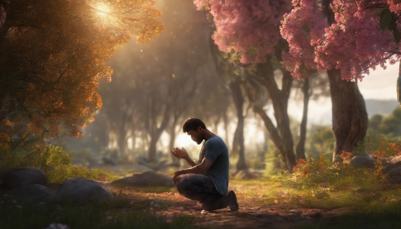 A man praying on his knees in a forest with blossoming trees, um rio ao lado, and a sunset in the background, (best quality, 4k, Altas,master part:1.2), ultra-detalhado, (Realistic,fotorrealista:1.37), HDR, vivid colors, Bokeh, Retratos, Landscape, 3D rendering, foco nítido, soft-lighting