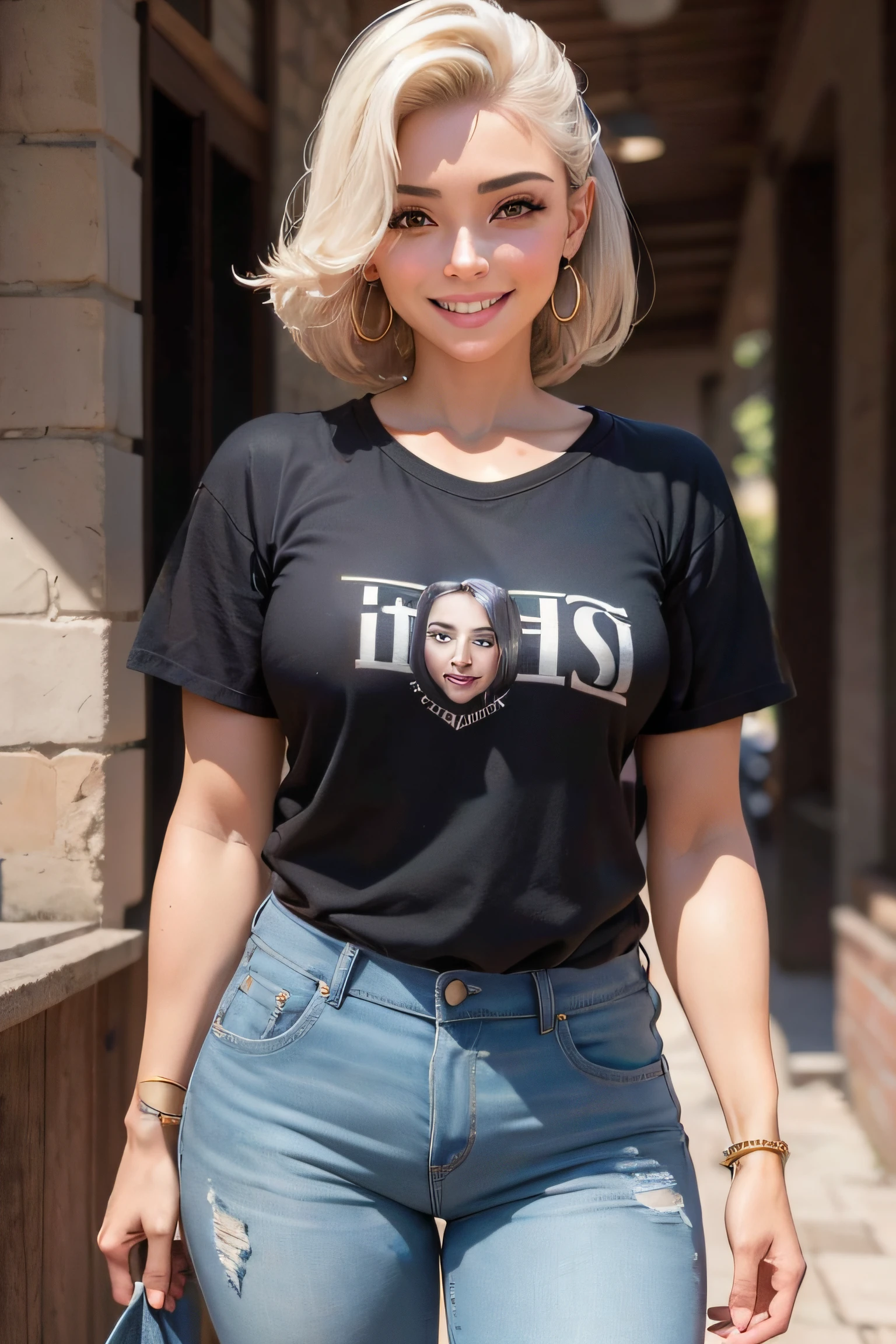Mulher jovem de 20 anos, cabelos loiros, olhos azuis, rosto perfeito e detalhado, linda, usando uma blusa larga croppet preta, Beige Streetwear Pants, jaqueta colorida por cima do croppet, corpo perfeito, Standing character, dinamic pose, full view, melhor qualidade obra prima, riqueza de detalhes