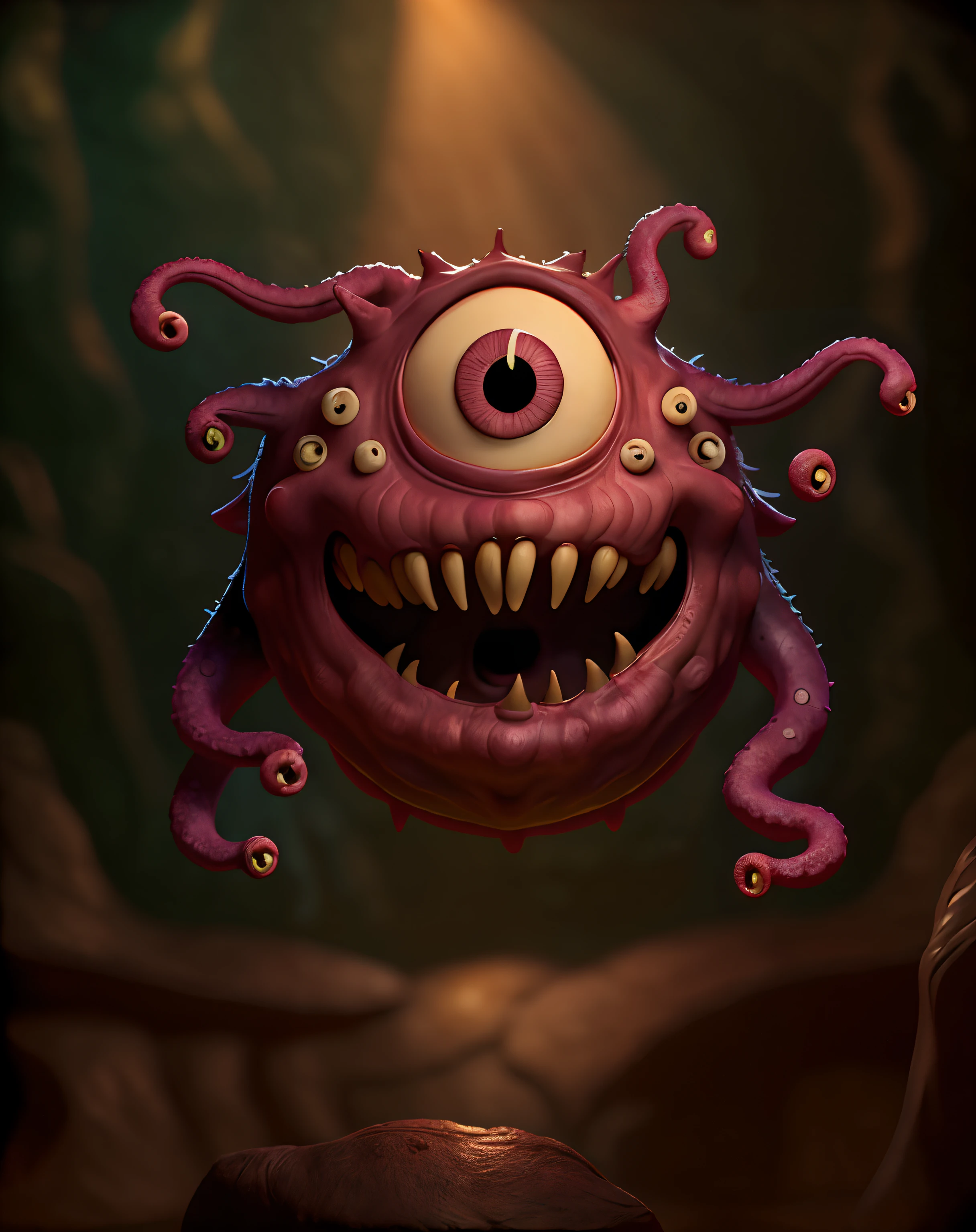 masterpiece, best quality, a beholder in a (dark cave), soft dim lighting,realistic, teeth, monster, extra eyes, tentacles,, dimly lit