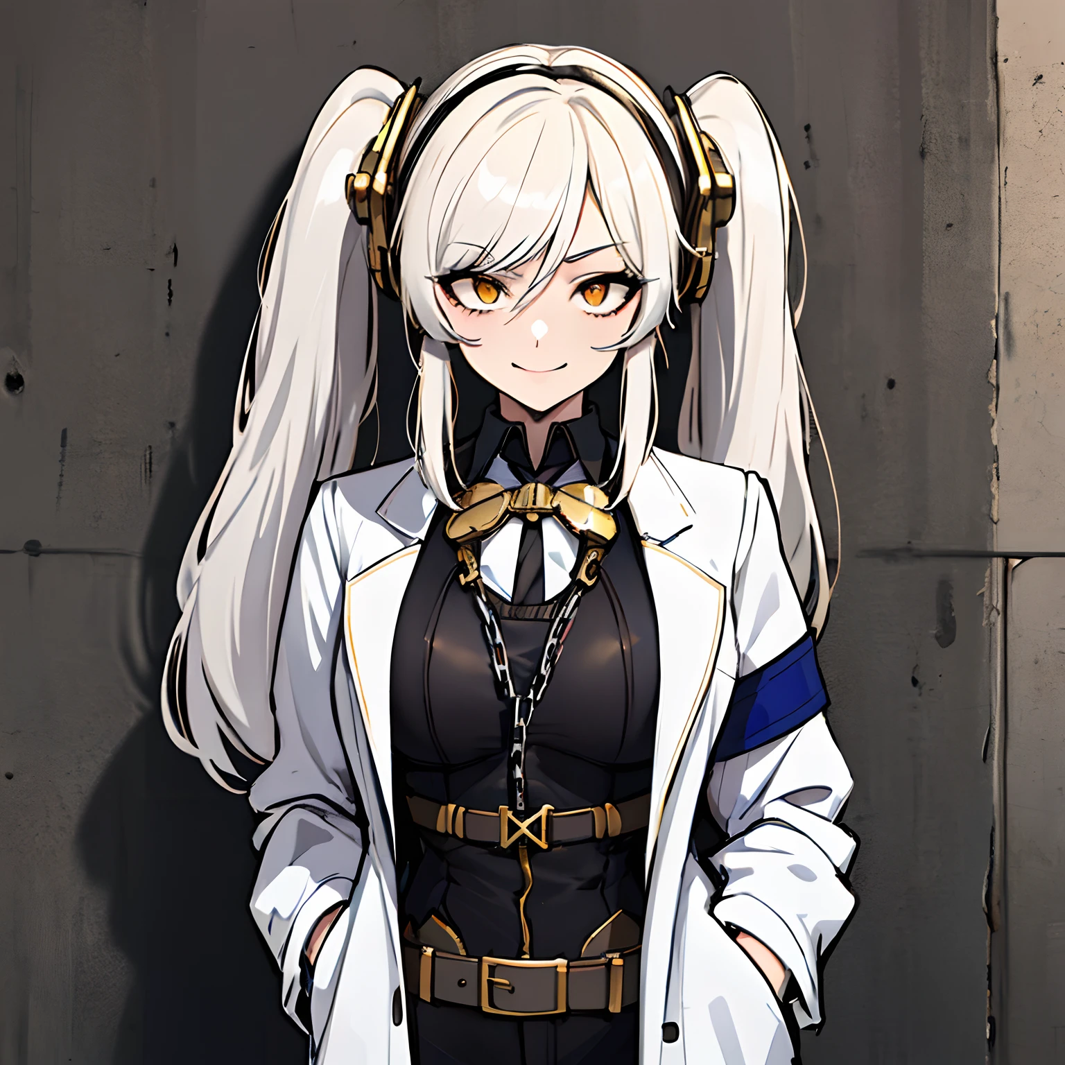 (absurdres, 8k, 4k, masterpiece, hyper extreme detailed:1.2), solo, 1girl, front view, perfect face, 1girl, portrait, expressive eyes, looking at viewer, solo, standing, Female, girl with goggles and a chain around her neck, cyber goggles, victorian goggles, round goggles, goggles, cyberpunk monocle!, goggle eyes, steampunk googles, steampunk goggles, wearing victorian brass goggles, weak, female, small breasts, pale, cream colored hair, long hair, gold eyes, swept bangs, slim, slender, intelligent, genius, mad scientist, twin tails, Inventor, confident, perfect anatomy, futuristic, fingerless gloves, chest harness, pervert, egotistical, half body, lab coat, belts, crazy face, crazy eyes, crazy smile, white room background, 1girl, futuristic, standing, collared labcoat, white shirt, white hair, hands in pockets, leaning against wall, mature, adult, attractive,