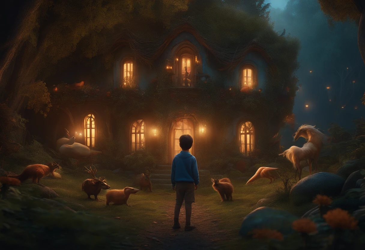 Boy in a magical gloomy forest with fanciful creatures and an old house with light in the window in the background, alta definicion