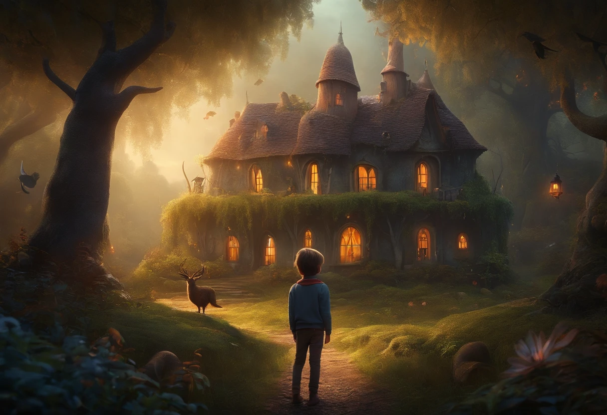 Boy in a magical gloomy forest with fanciful creatures and an old house with light in the window in the background, alta definicion