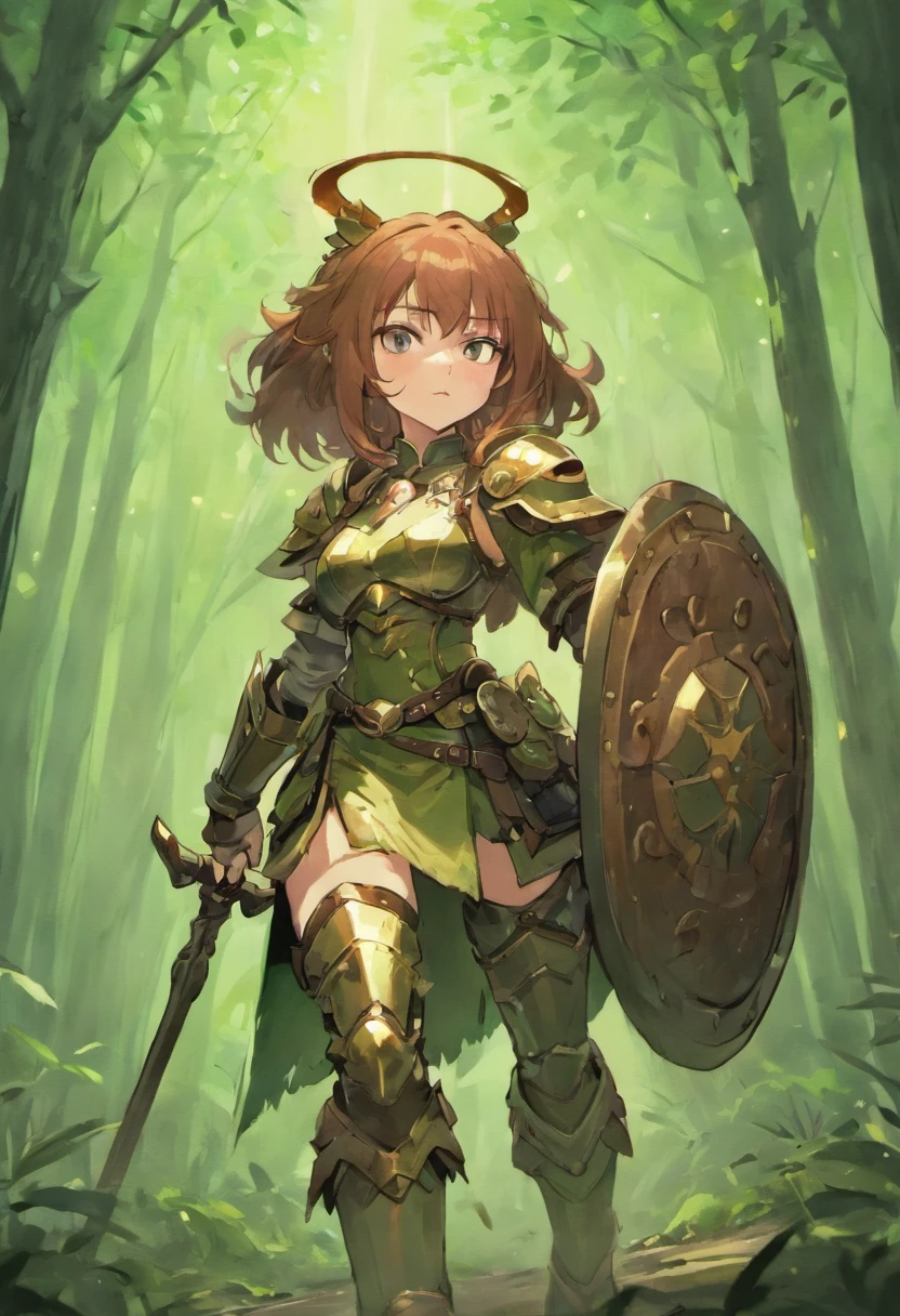 DnD female dwarf, heavy armored with exposed arms, no helmet, slightly curly long brown hair, cute nose, big green eyes, small scar on left cheek, holding a battle axe and tower shield, in a forest